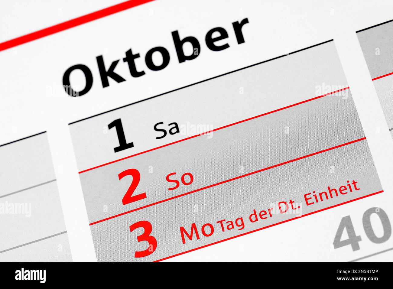 Jahreskalender 2016 auf Deutsch, Tag der deutschen Einheit, Oktober 3. Stockfoto