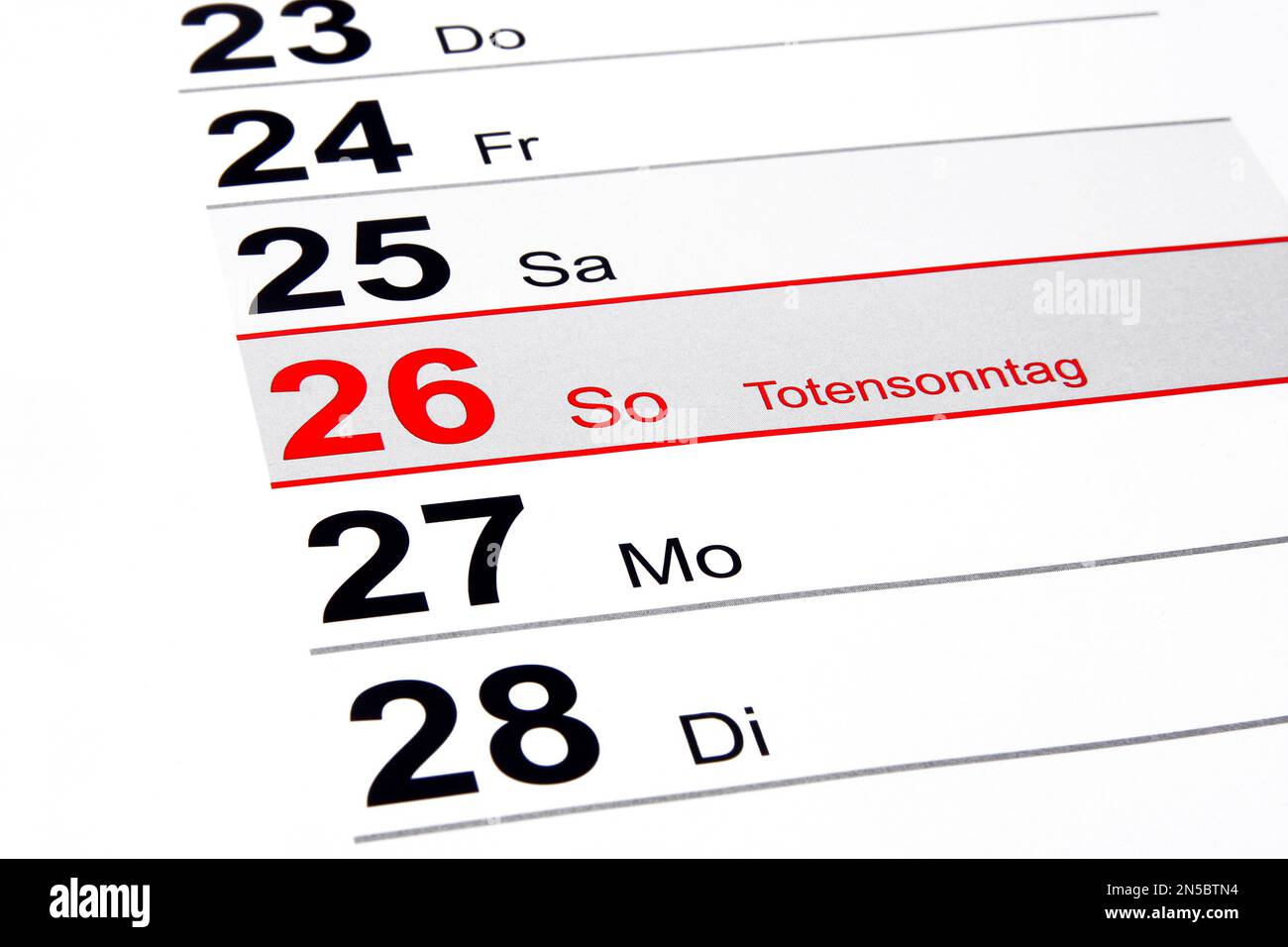 Jahreskalender 2023 auf Deutsch, sonntag zum Gedenken an die Toten, November 26 Stockfoto