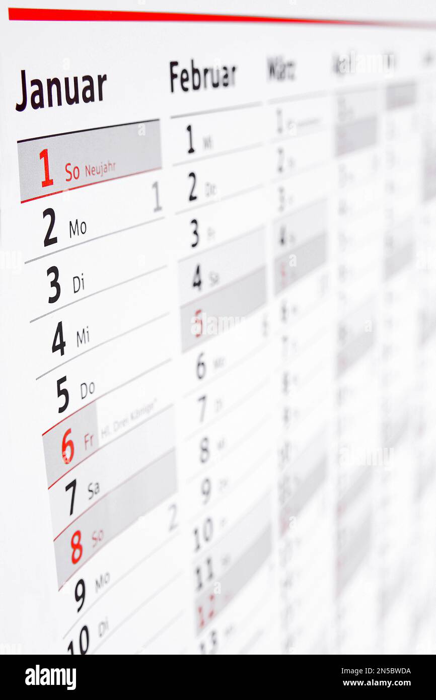 Jahreskalender 2017 auf Deutsch, Neujahr Stockfoto