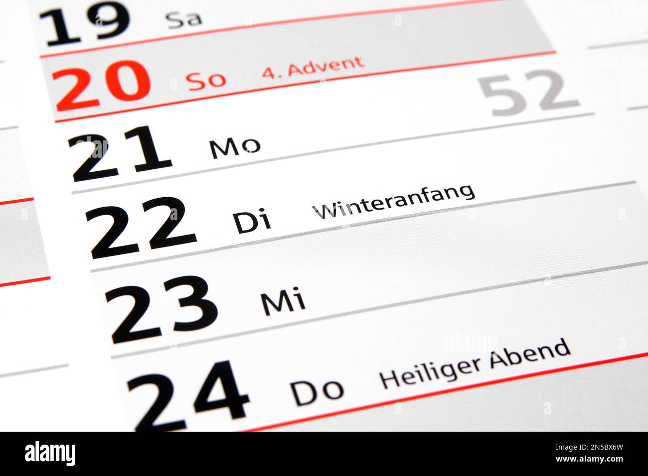Jahreskalender 2015 auf Deutsch, Anfang des Winters Stockfoto