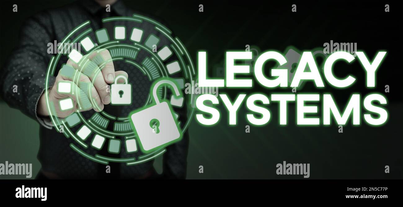 Schild mit Altsystemen, Konzept bedeutet Computersystem mit alter Methodentechnologie oder Anwendungsprogramm Stockfoto