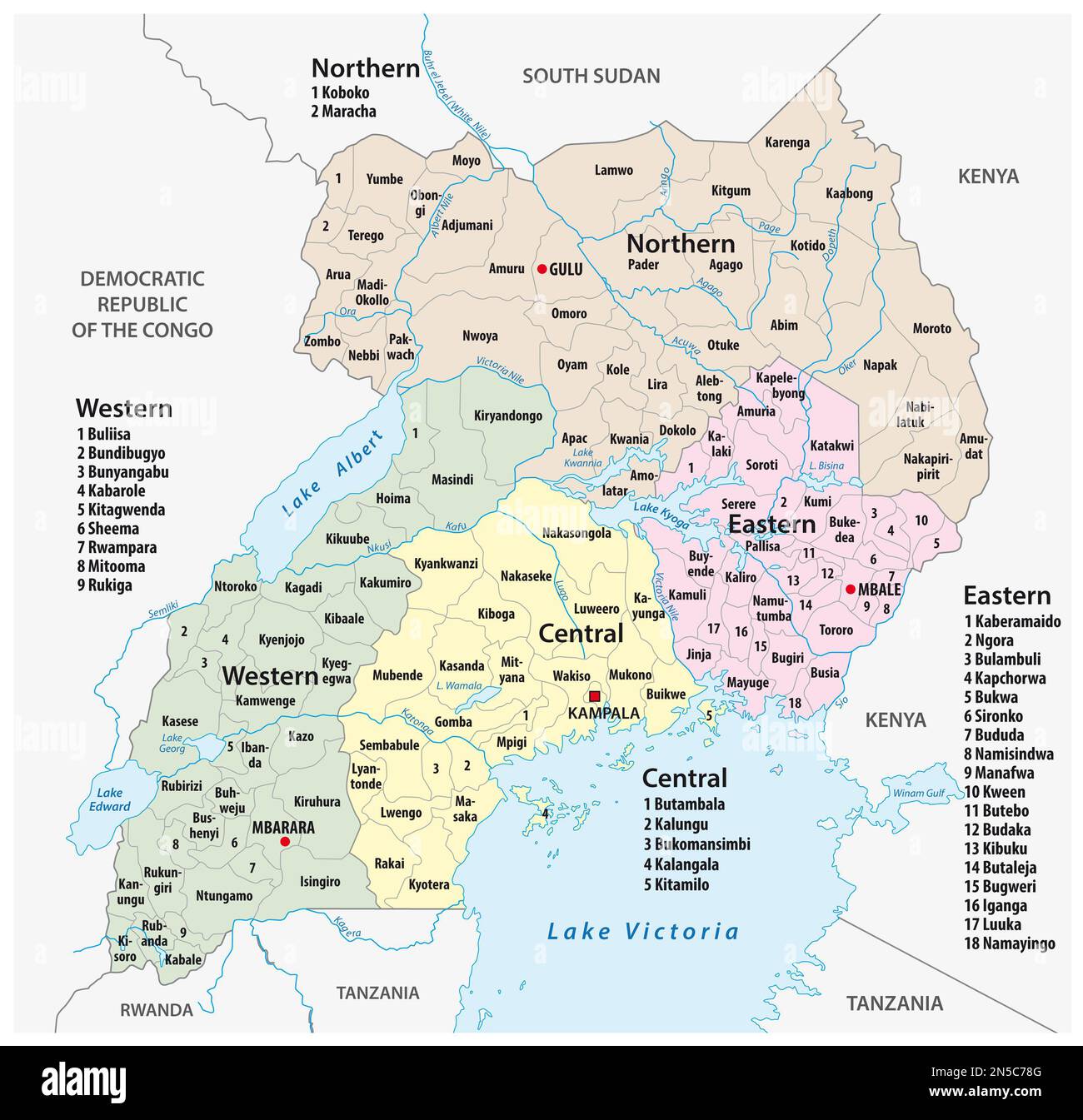 administrative und politische Vektorkarte von der Republik Uganda Stockfoto