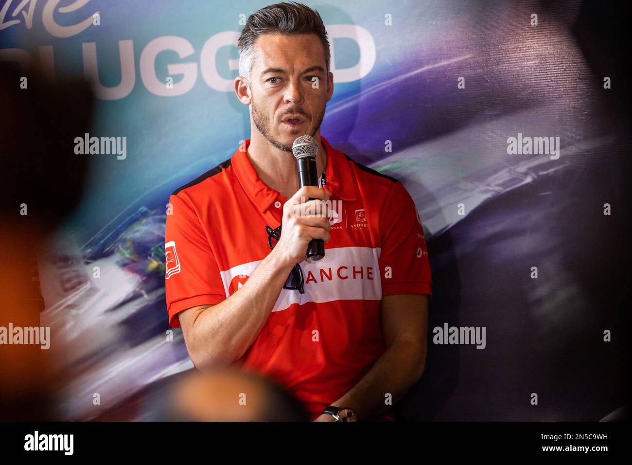 Unplugged Meet and Greet im Hard Rock Cafe mit LOTTERER Andre (ger), Avalanche Andretti Formula E, Spark-Porsche, Porsche 99X Electric, Portrait anlässlich des Hyderabad ePrix 2023, 3. Tagung der ABB FIA Formel E Weltmeisterschaft 2022-23, auf der Hyderabad Street Circuit vom 9. Bis 11. Februar in Hyderabad, Indien – Foto: Germain Hazard/DPPI/LiveMedia Stockfoto