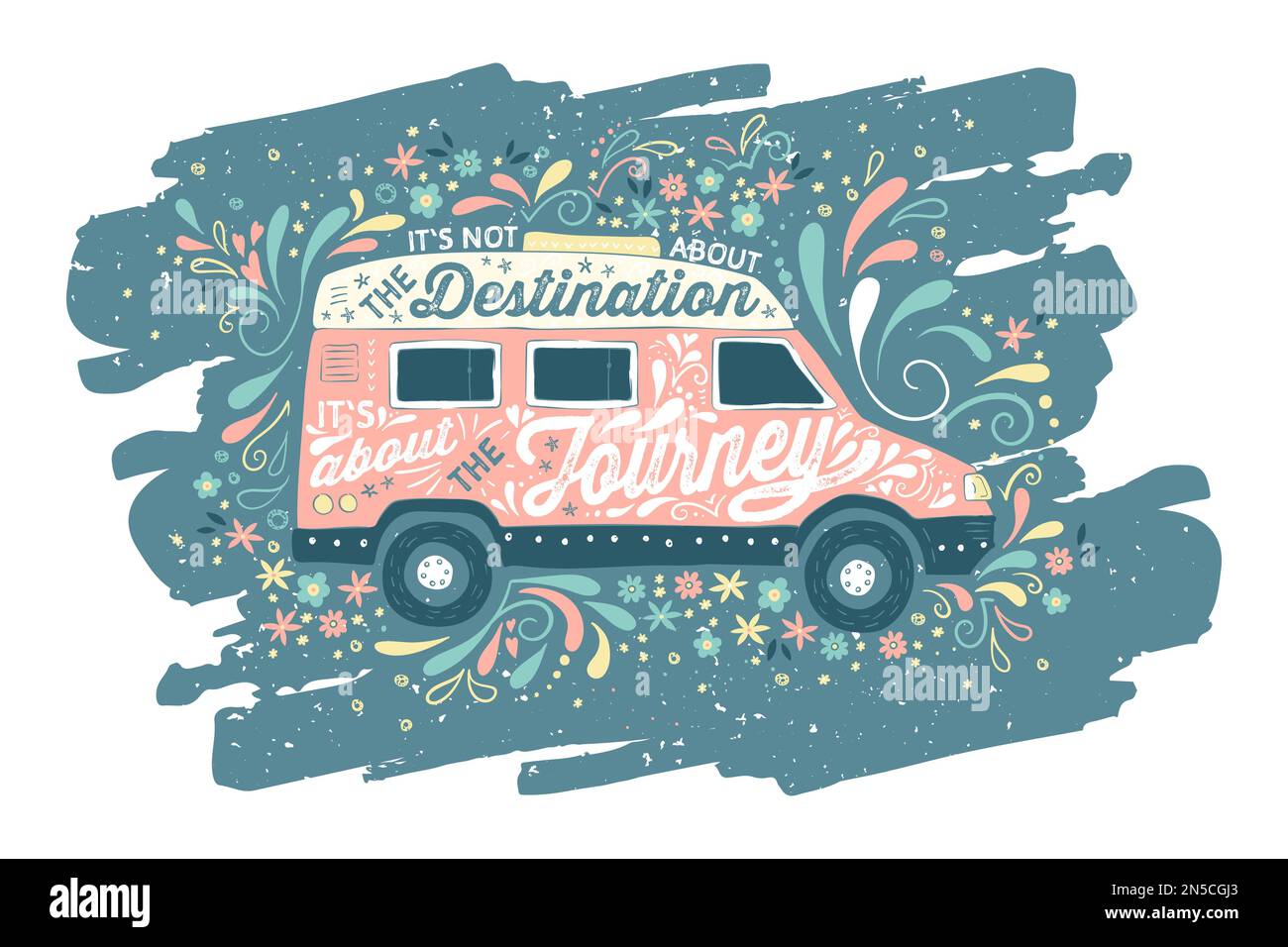 Schöne, farbenfrohe handgezeichnete Schriftzeichen in einer Campervan-Silhouette. Ideal für Vanlife-Textilien, Tassen, Poster, Karten, Banner. Stock Vektor