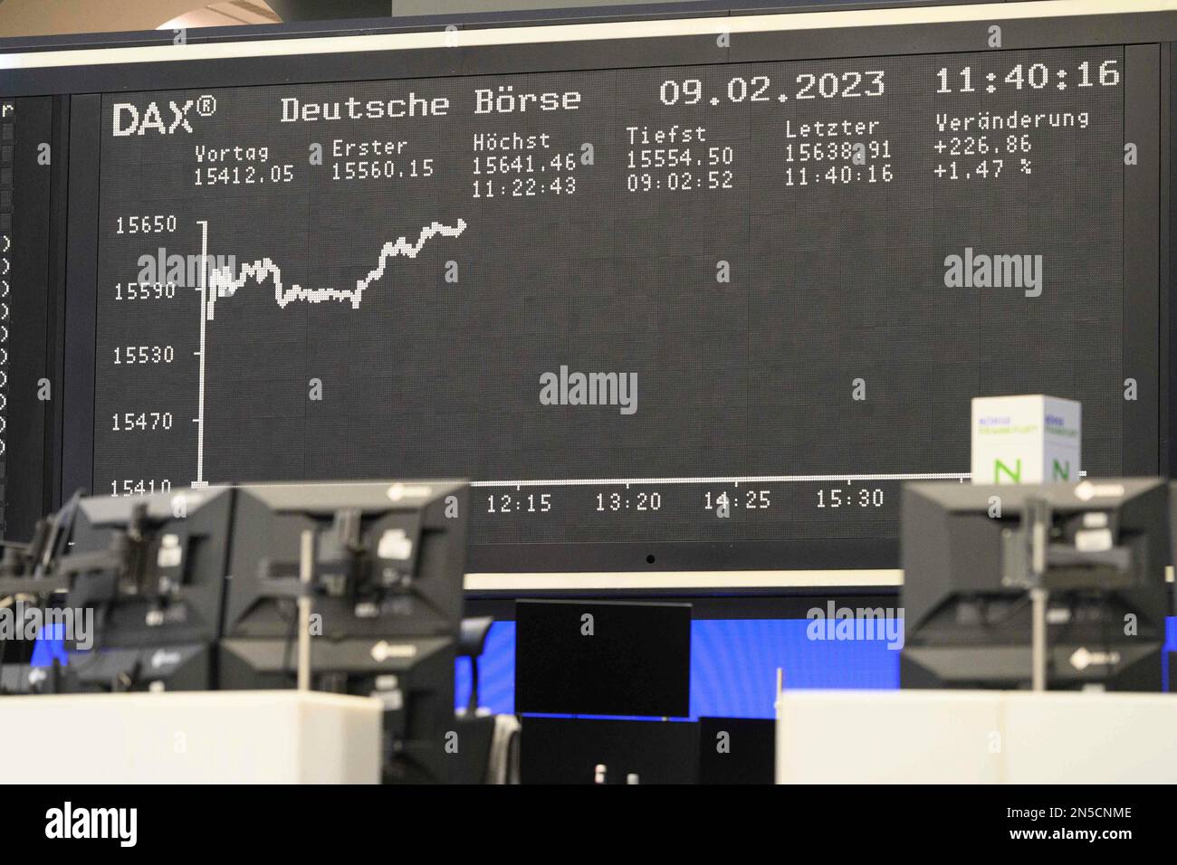 Frankfurt Am Main, Deutschland. 09. Februar 2023. Ansicht der Börse Frankfurt, Aktienkurse, Bildschirme, DAX, TecDAX, Broker, Aktienhändler, Dax-Kurve, allgemein, Funktion, Edge-Motiv, symbolische Fotopressekonferenz der Deutschen Boerse AG in Frankfurt am 08. Februar 20123. Kredit: dpa/Alamy Live News Stockfoto