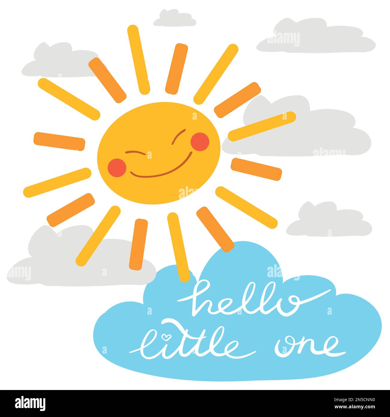 Hallo, kleine Grußkarte. Schriftzug und fröhliche Sonne. Zur Feier einer Geburt, eines Geburtstags, einer Schwangerschaft und einer Babyparty Stock Vektor