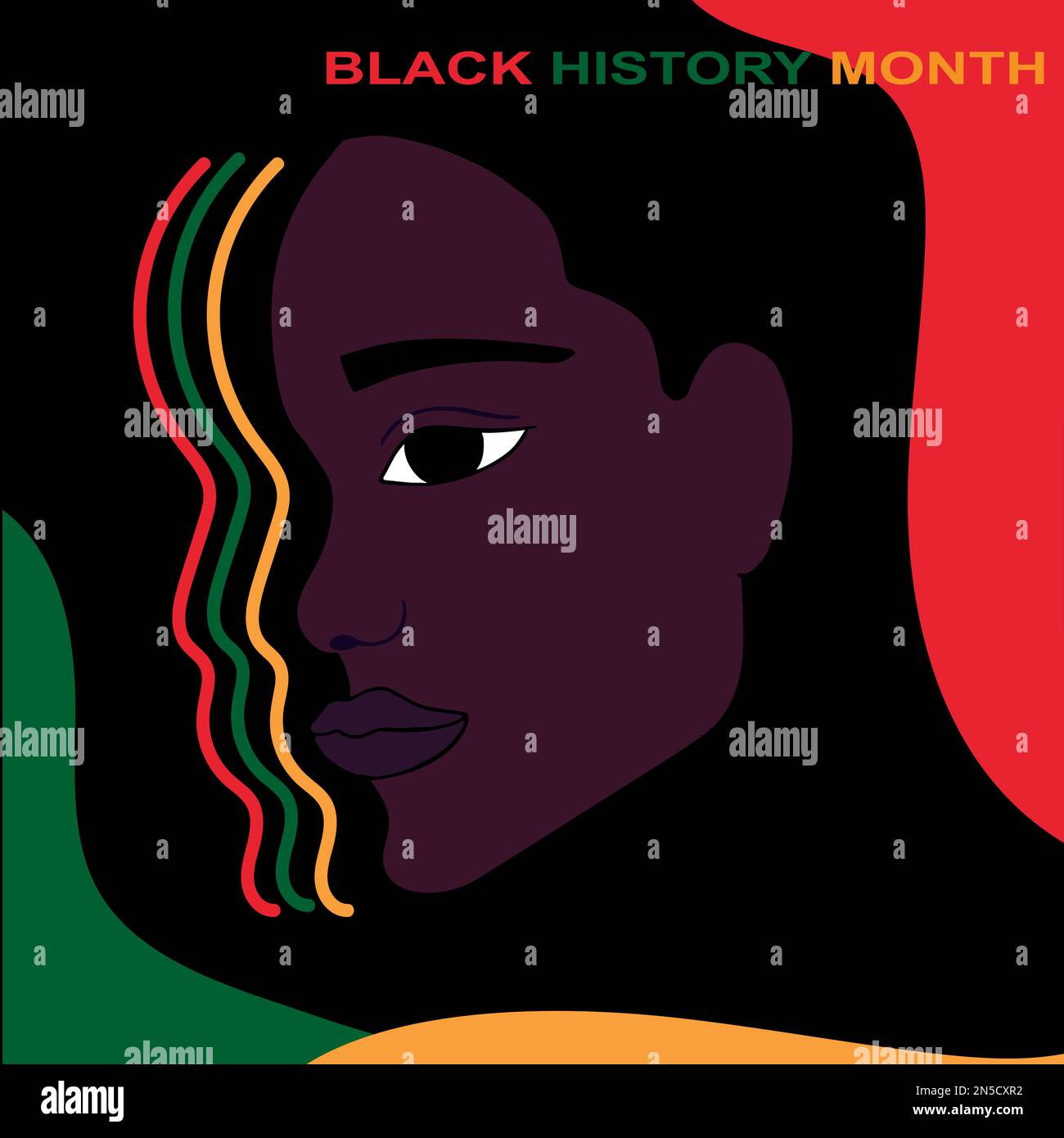 Schwarzer Geschichtsmonat. Abstraktes afrikanisches Frauengesicht auf schwarzem Hintergrund mit grünen, gelben und roten Formen. Handgezeichnet. Afroamerikanische Geschichte. Eine Feier Stock Vektor