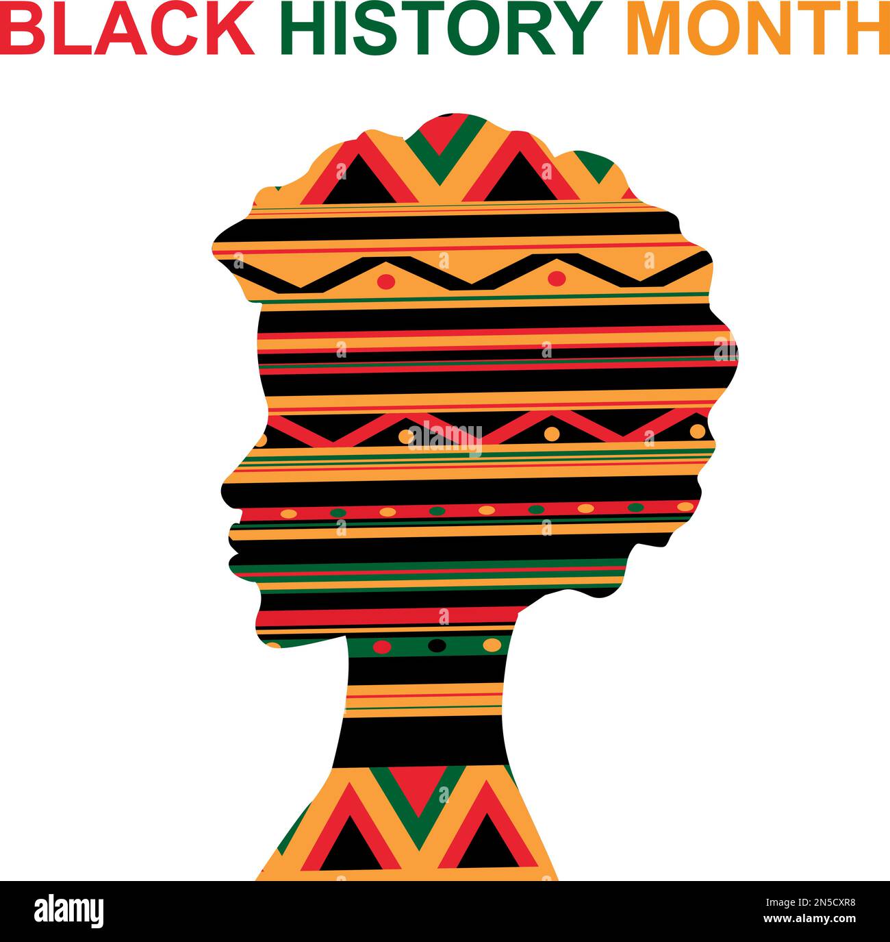 Schwarzer Geschichtsmonat. Silhouette mit geometrischem Muster in Grün, Gelb und Rot. Afroamerikanische Geschichte. Wird jährlich gefeiert. Stock Vektor