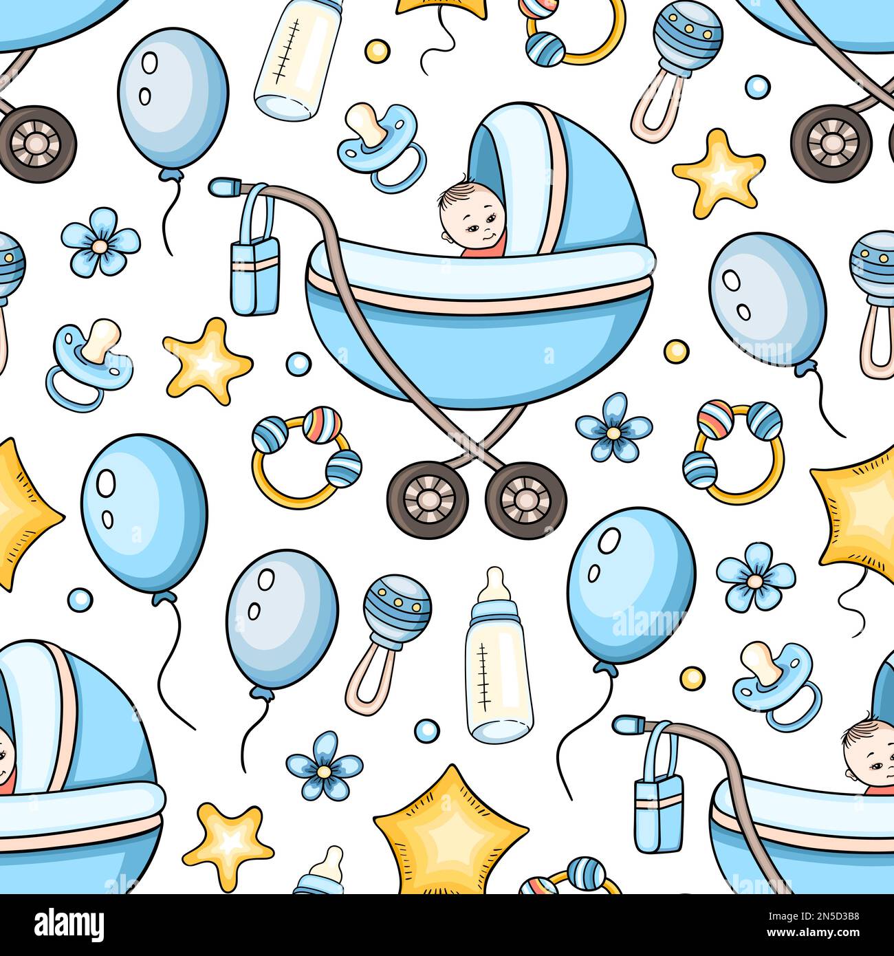 Nahtloses Muster mit blauem Kinderwagen und Zubehör für den Jungen. Handgezeichneter Hintergrund. Stockfoto