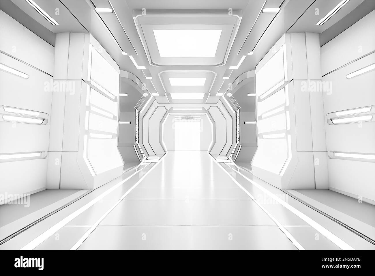 Leeres weißes, leeres Sci-Fi, moderner futuristischer Flur in modernem Gebäude, weiße Korridor-Technologie als Hintergrund, 3D-Darstellung Stockfoto
