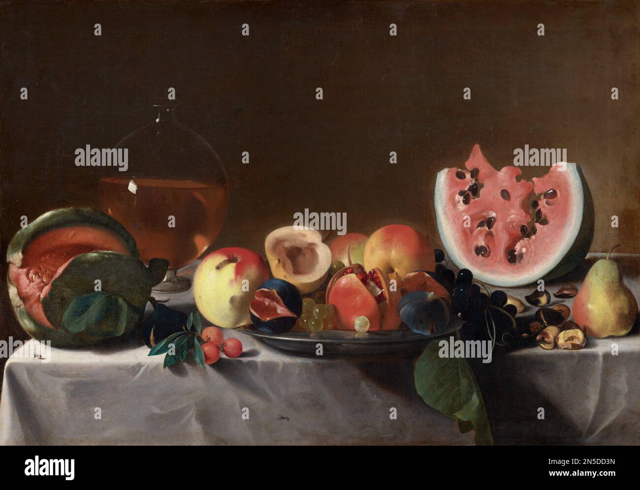 Französische Malerei, Pensionante del Saraceni Still Life mit Obst und Karaffe Stockfoto