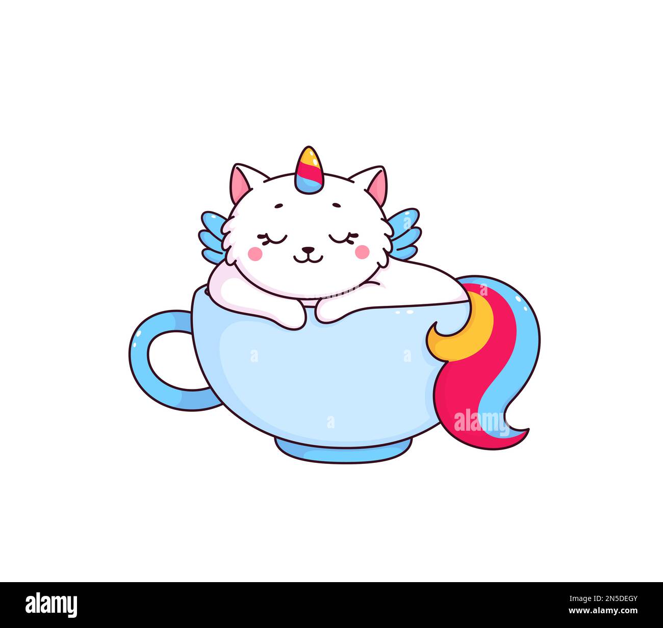 Cartoon niedliche Caticorn-Figur in Teetasse. Weiße Einhornkatze mit entspanntem, lächelndem Gesicht, die in einem Keramikbecher sitzt. Lustiger Märchentraum oder Stock Vektor