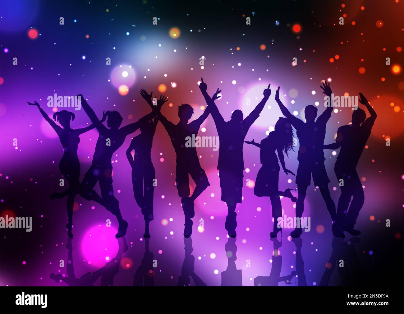 Silhouetten von Partyleuten, die auf Bokeh-Lichtern tanzen Stock Vektor