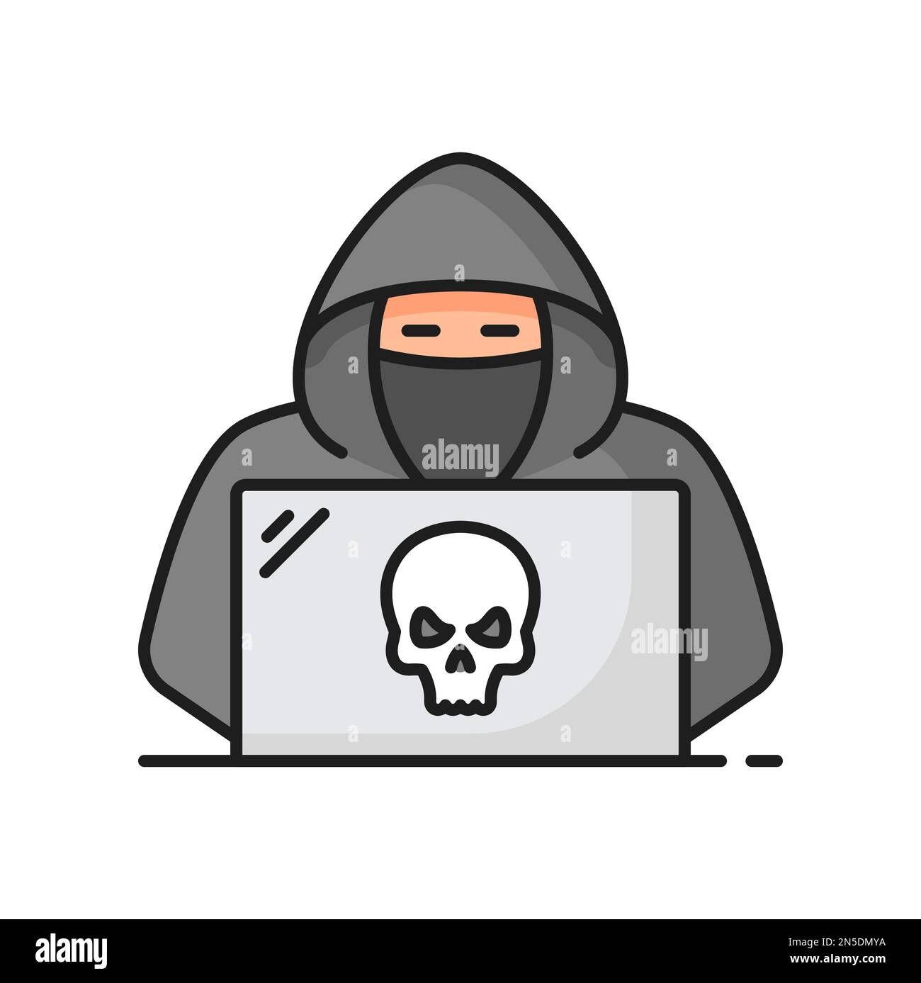 Hacker in Maske mit Laptop und Schädelplaner-Angriff. Vektorcodierung, Datenverschlüsselung, Programmierung Hacking man Dieb Programmierer Stock Vektor