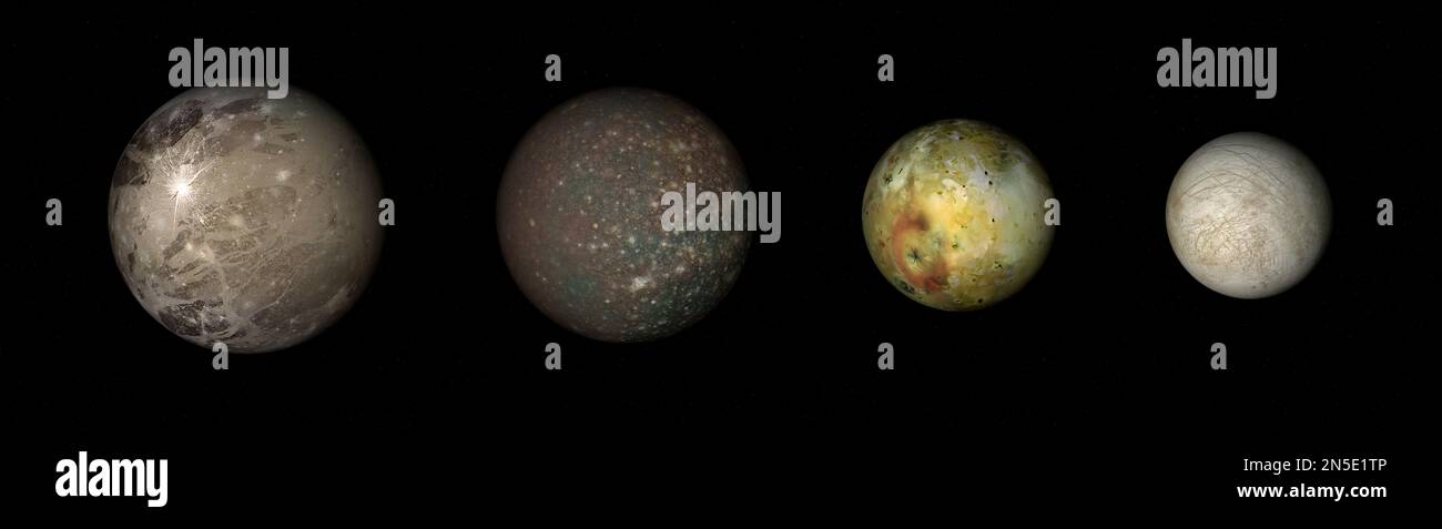 Digitales Foto der Hauptmonde von Jupiter: Ganymede, Callisto, IO & Europa. Stockfoto
