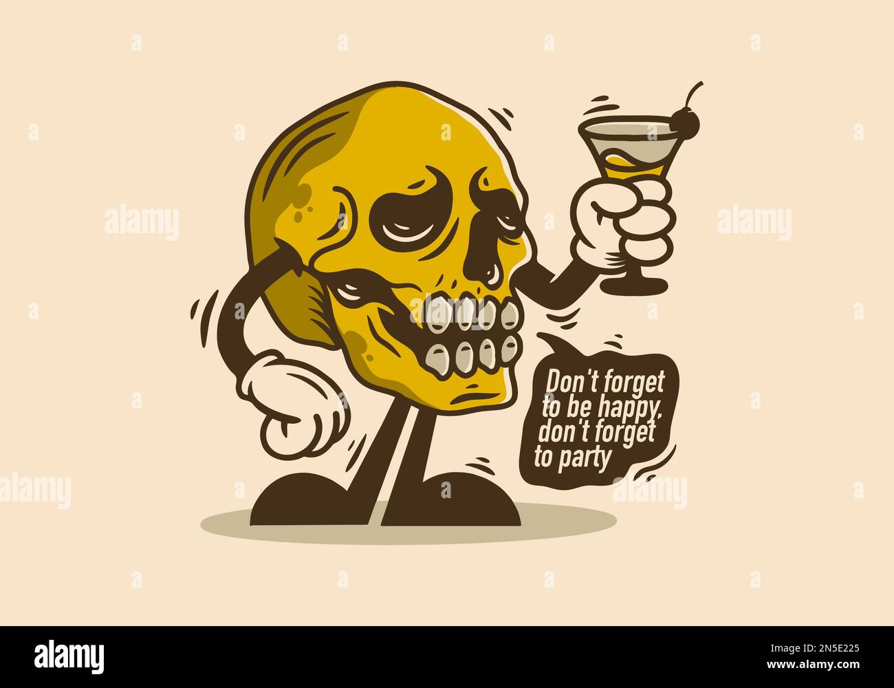 Charakterdarstellung eines Schädelkopfes mit einem Weinglas Stock Vektor