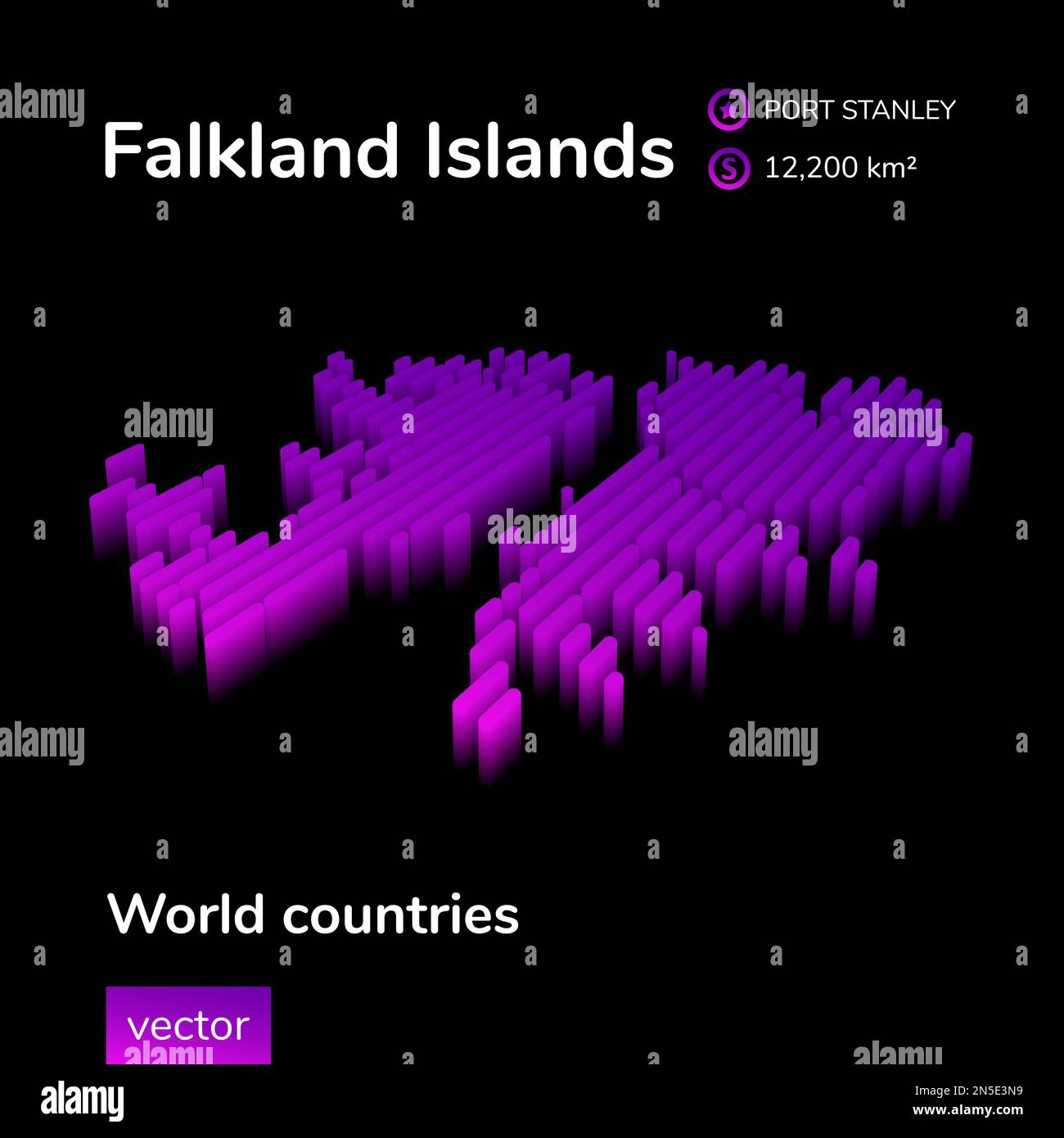 Karte der Falklandinseln 3D. Stilisierte, gestreifte Neonfarben, digitale isometrische Vektorkarte der Falklandinseln in violetten Farben auf schwarzem Hintergrund Stock Vektor