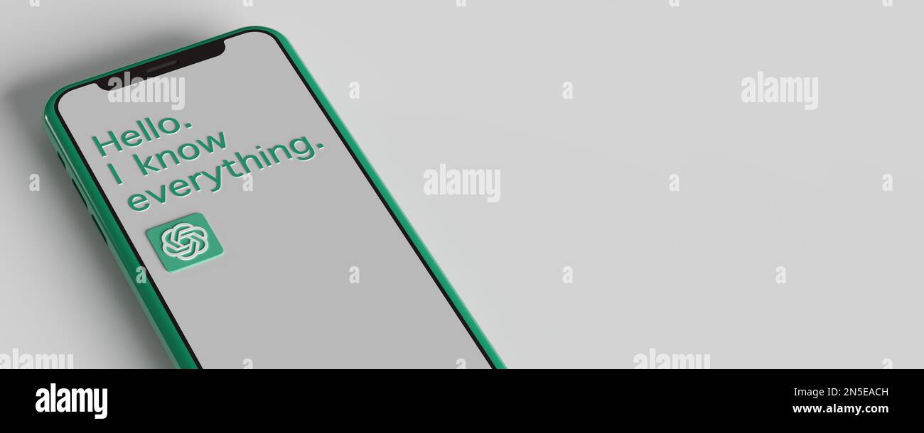 ChatGPT HALLO Ich WEISS ALLES Text, OpenAI Logo Display Hintergrund, Textbereich. 3D-Rendering, Illustrationskonzept, Istanbul, Türkei, 02.09.2023. Stockfoto