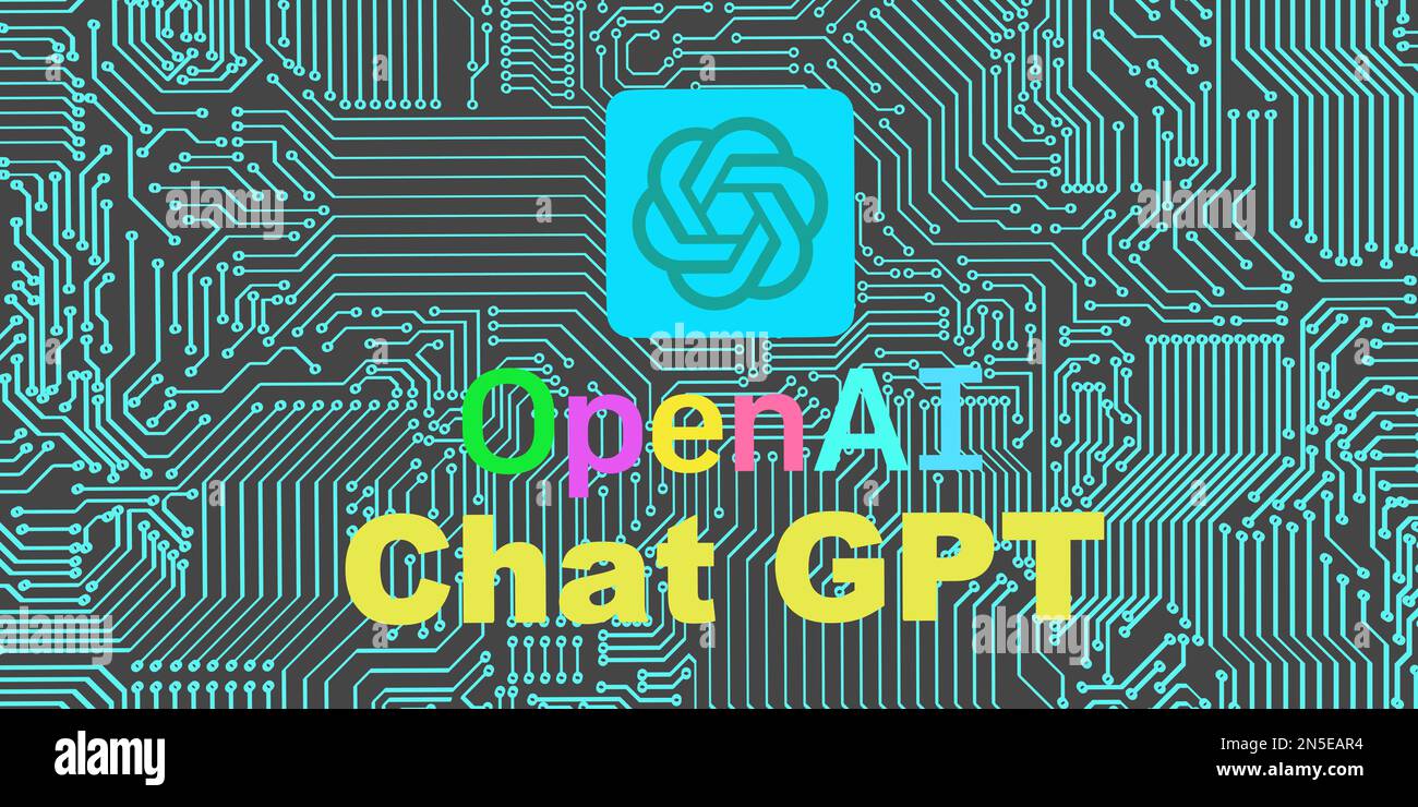 OpenAI-Logo ChatGPT-Text auf geometrischem CPU-farbigem Hintergrund, Kopierbereich. 3D Rendering Illustration Concept, Istanbul, Türkei, 02.09.2023. Stockfoto
