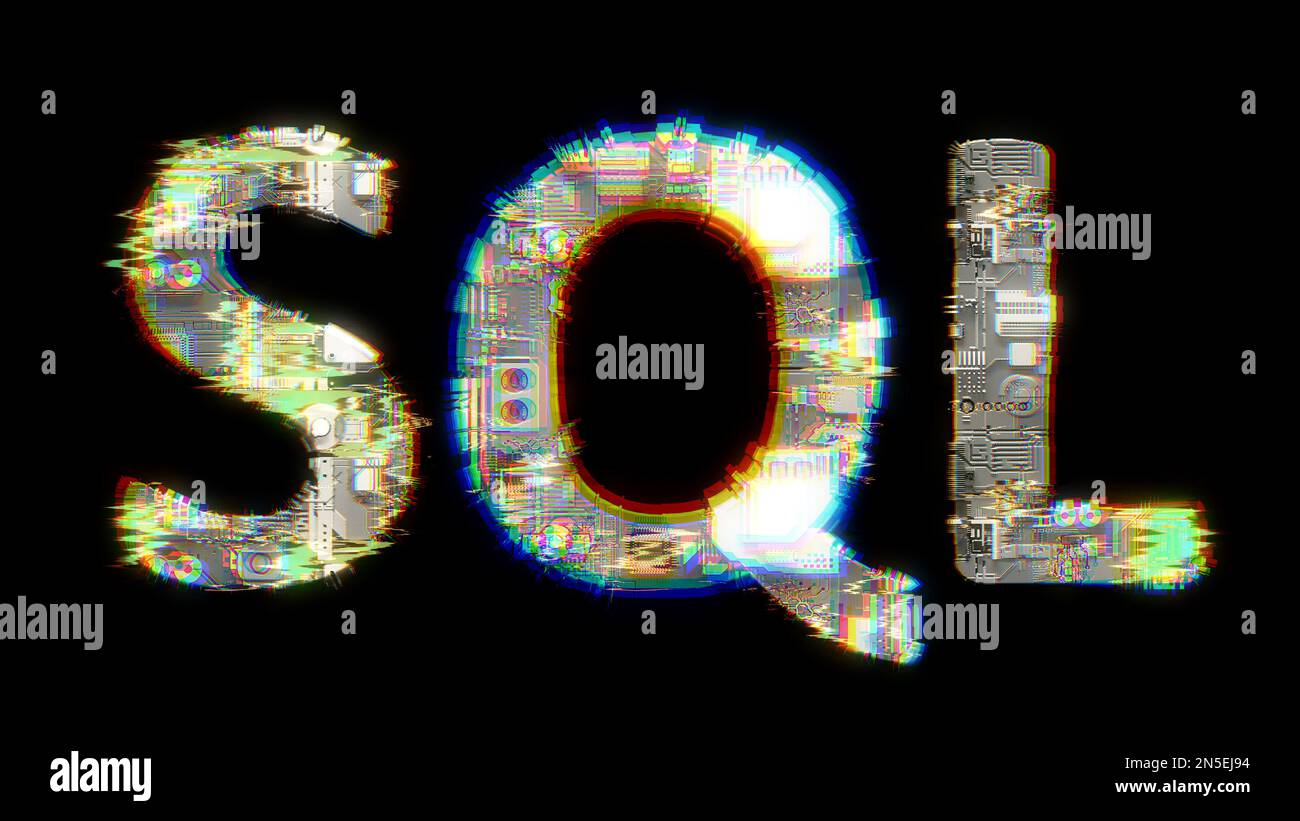 Glitch und chromatische Abweichung kybernetische Text-SQL auf schwarzer, isolierter Objekt-3D-Abbildung Stockfoto
