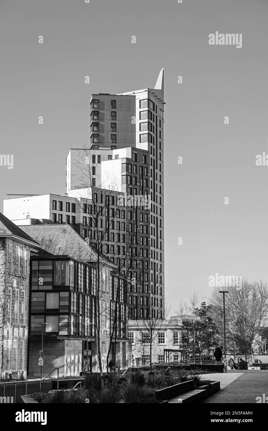 Schwarzweißbild der Hochhäuser von Beckley Point Studenten, die vom Campus der University of Plymouth entlang der Glanville Street aus zu sehen sind. Stockfoto