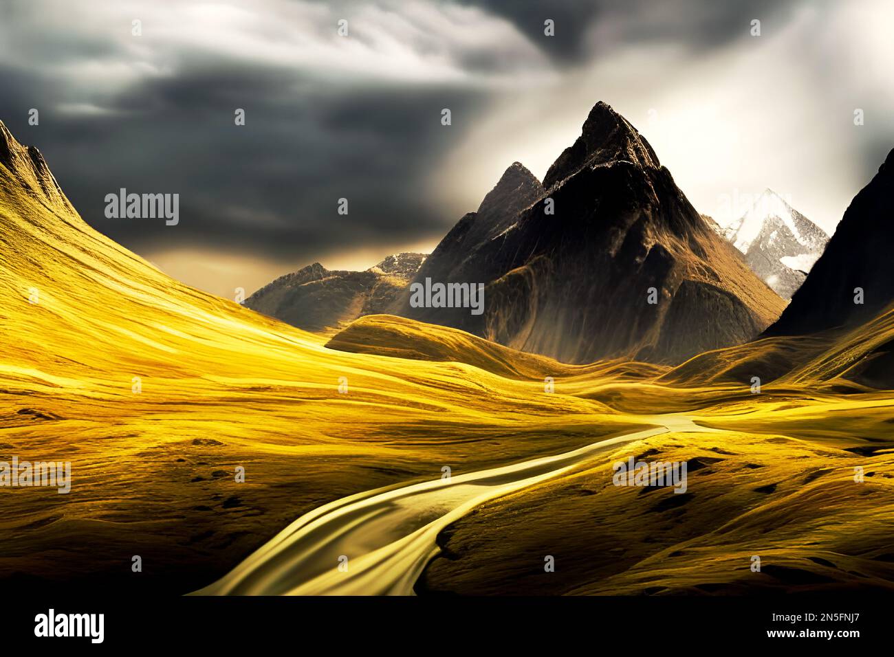 Fantasy Bergkette mit Darstellungen der goldenen Ebenen. Stockfoto