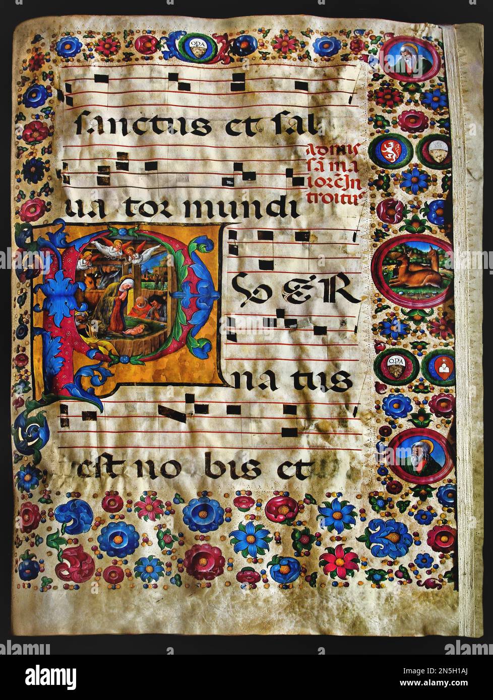 Bibel Choirbook Piccolomini Library Lettrine P Miniature Nativite von Girolamo da Cremona 1451-1483 Chor Kathedrale (Dom) aus dem 15. Jahrhundert von Siena, Italien, Italienisch, Stockfoto