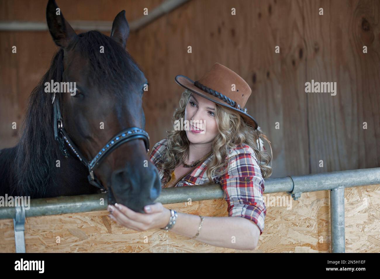 Junge Frau streichelte ihr braunes Pferd in der Scheune, Bayern, Deutschland Stockfoto