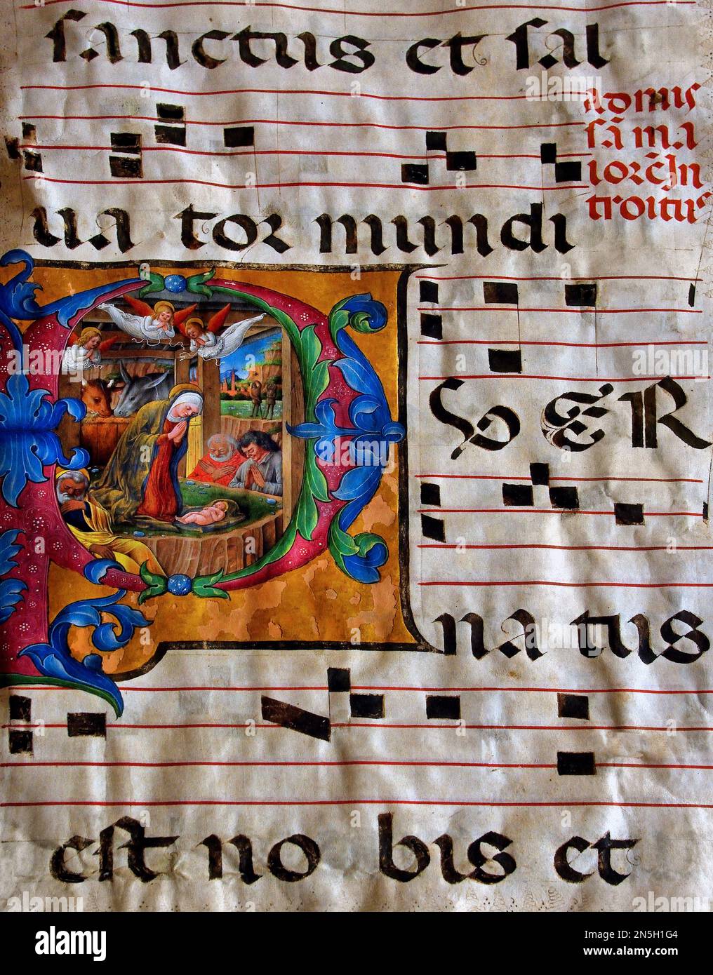 Bibel Choirbook Piccolomini Library Lettrine P Miniature Nativite von Girolamo da Cremona 1451-1483 Chor Kathedrale (Dom) aus dem 15. Jahrhundert von Siena, Italien, Italienisch, Stockfoto