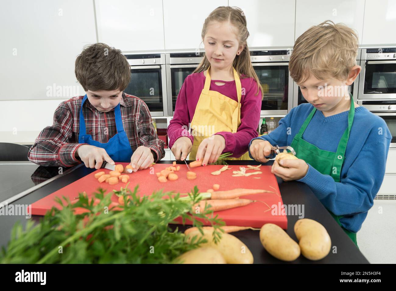 Schüler, die Gemüse schälen und schneiden in der Hauswirtschaftsschule, Bayern Stockfoto