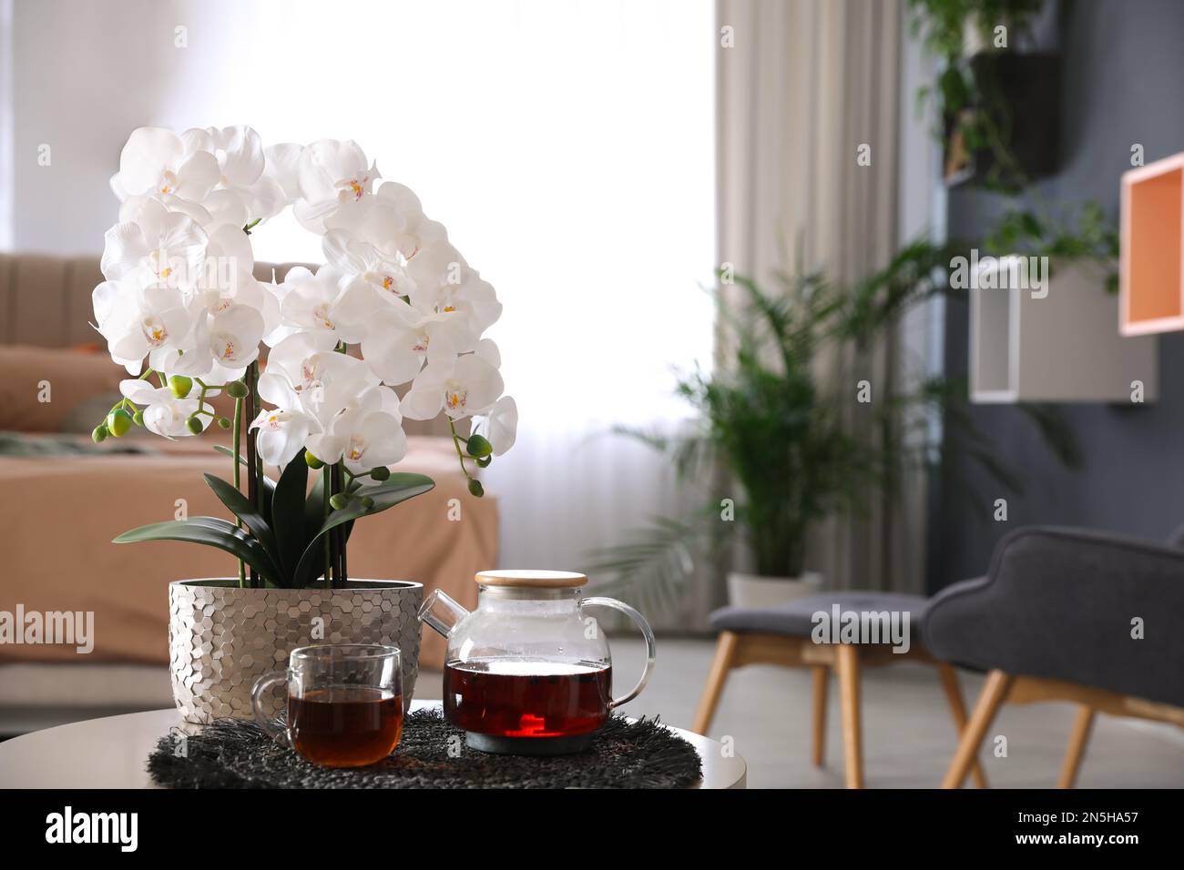 Wunderschöne weiße Orchideen und Tee auf dem Tisch im Schlafzimmer, Platz  für Text. Innendesign Stockfotografie - Alamy