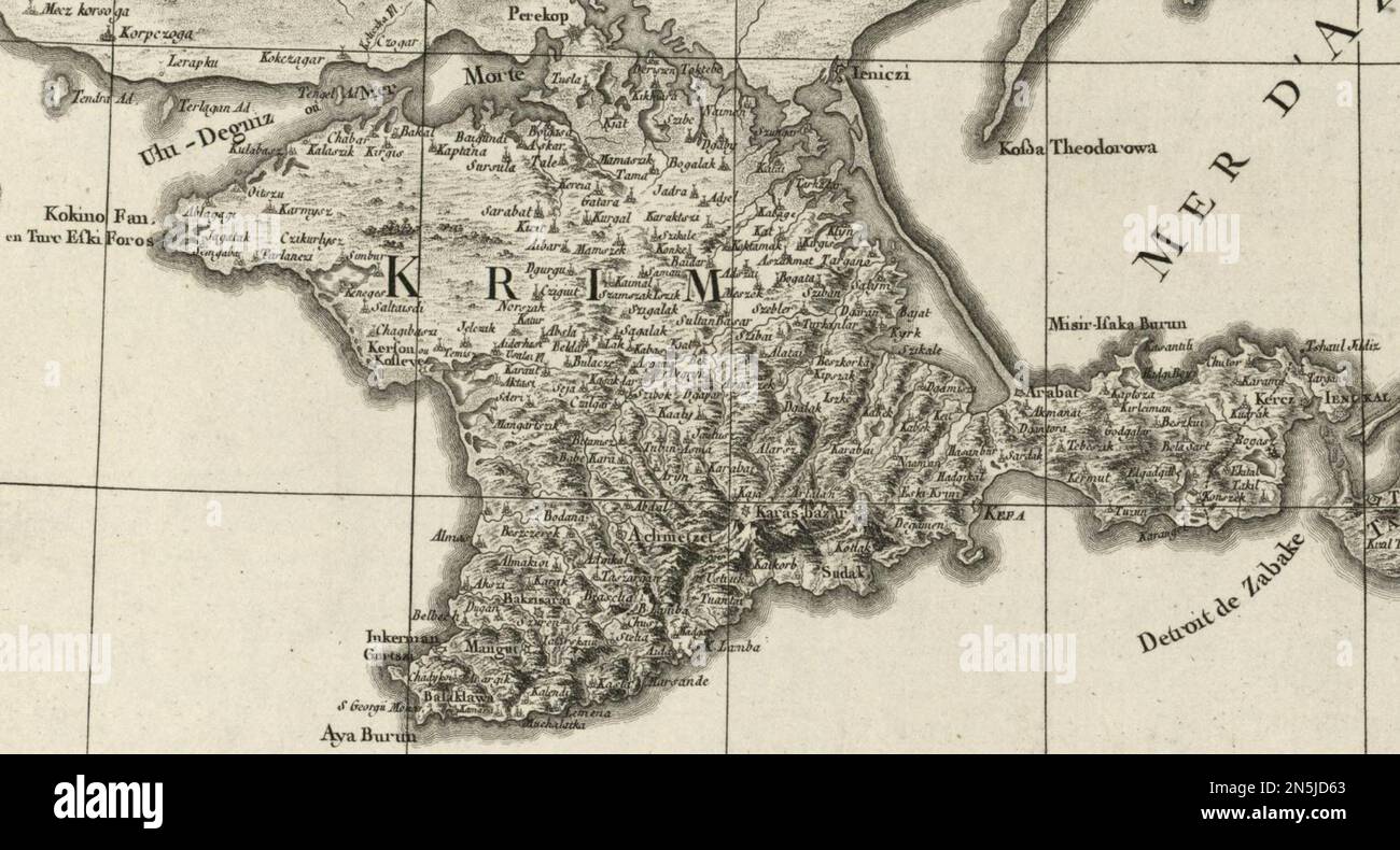 Französischsprachige Karte der Krim von 1774 mit überwiegend turkischen Plazentennamen. Stockfoto
