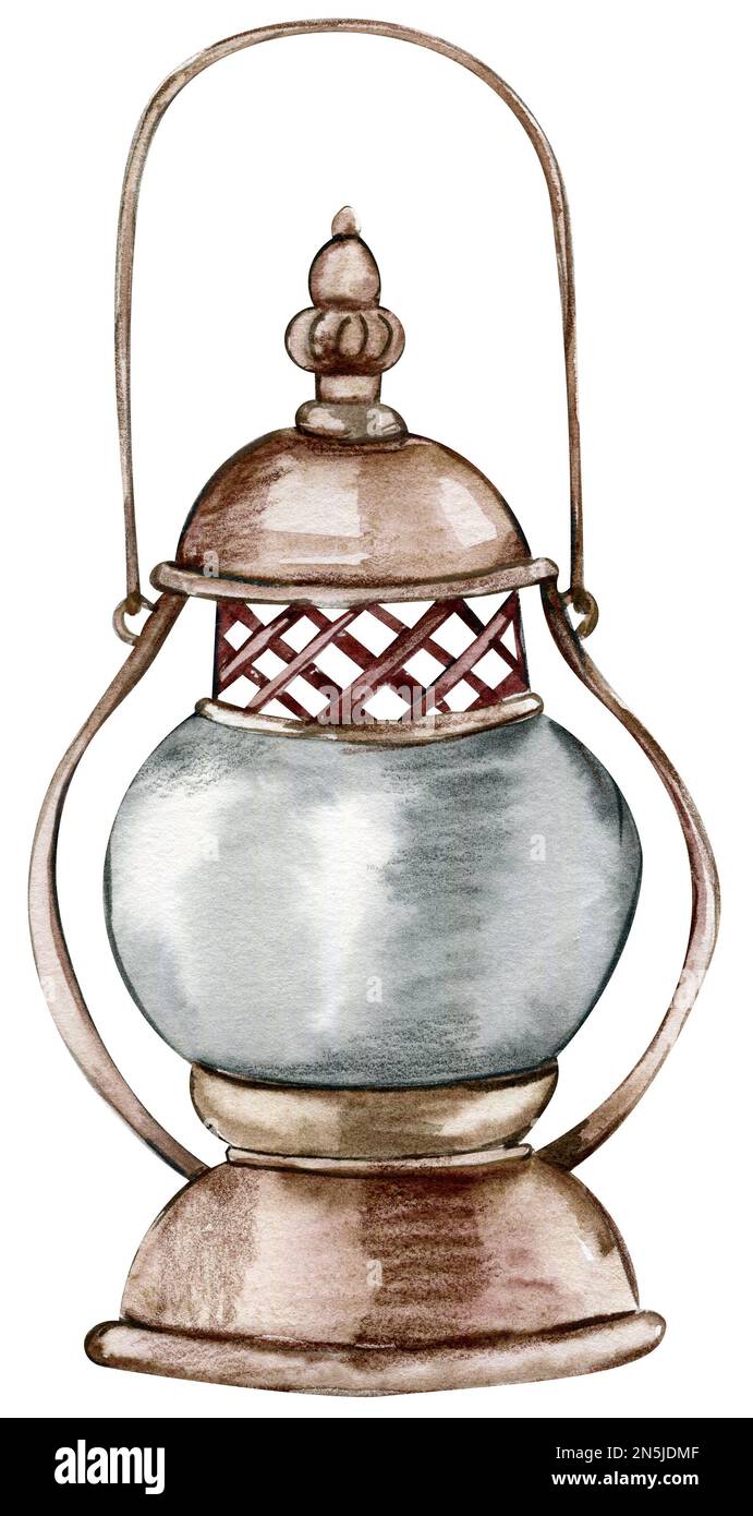 Aquarelldarstellung einer rostigen Lampe. Ein altes rostiges Emaille-Element. Handgezeichnet in Aquarell auf weißem Hintergrund. Perfekt für eine Hochzeitseinladung, G. Stockfoto