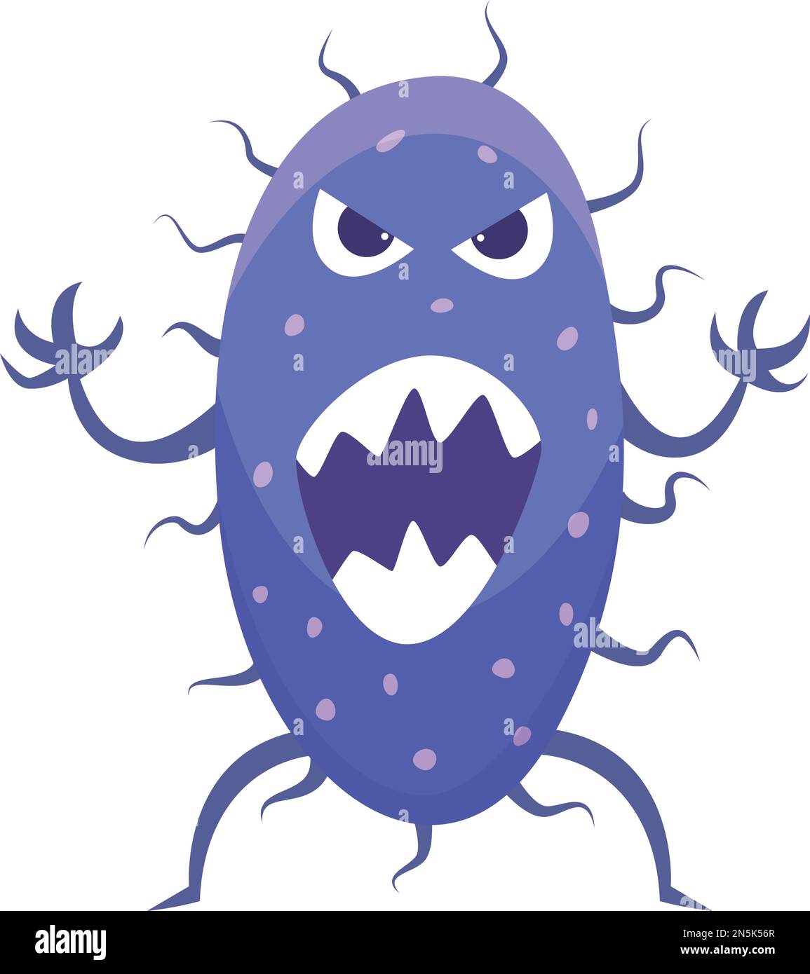 Wütende Cartoon-Mikrobe. Lila Monster mit gruseligem Gesicht Stock Vektor
