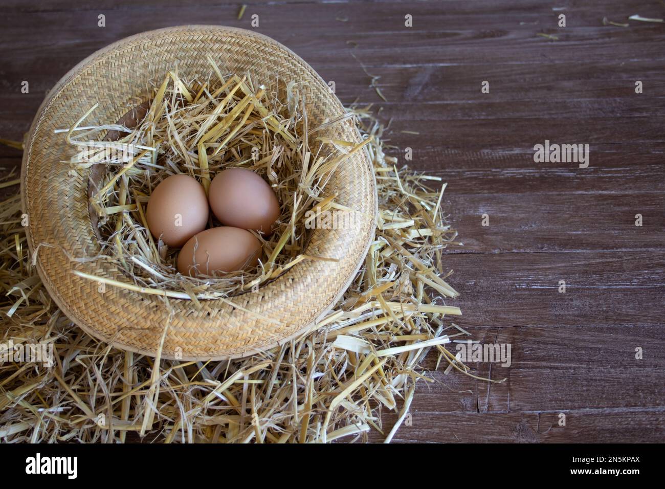 Bild eines Bauernhutes mit Strohhalm und drei Eiern. Eier auf dem Bauernhof sammeln. Stockfoto