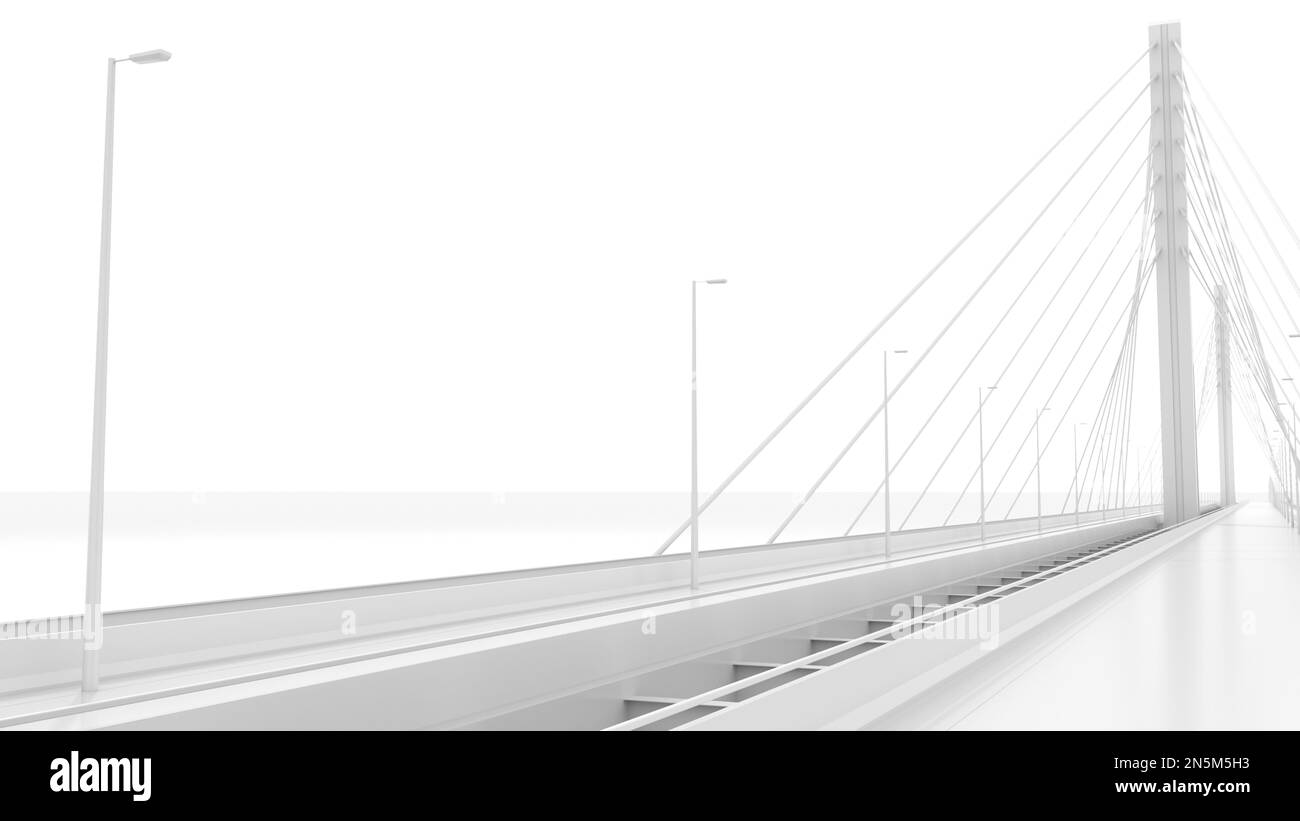 Perspektivische Ansicht der Hängebrücke, digitales Modell isoliert auf weiß, 3D-Darstellung Stockfoto