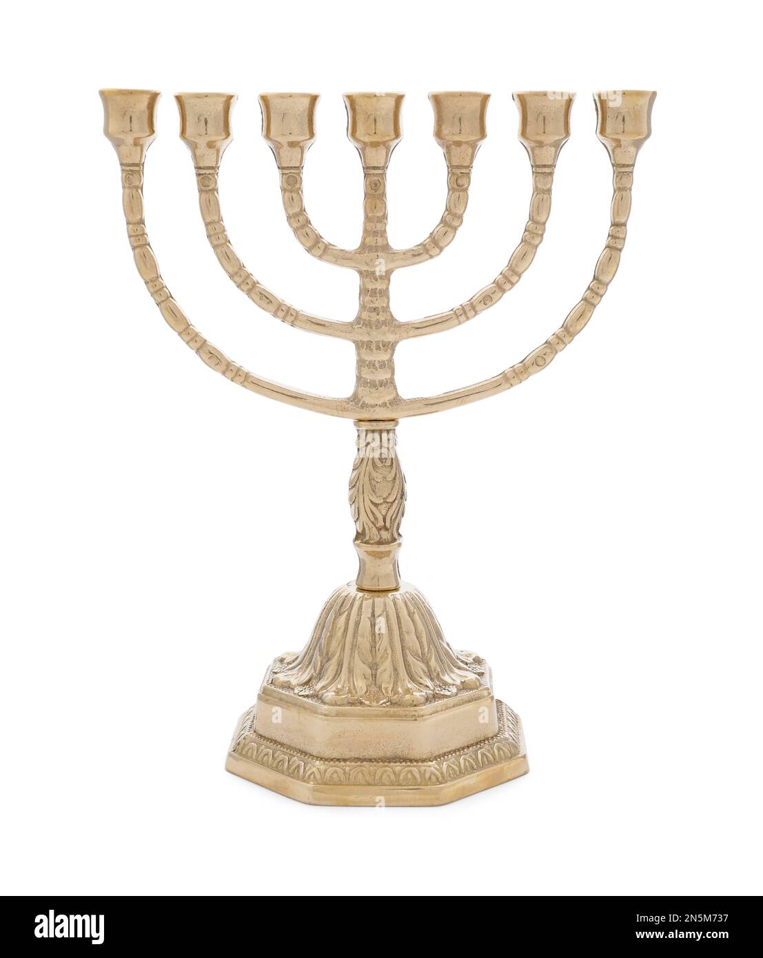 Wunderschönes goldenes Hanukka Menorah isoliert auf Weiß Stockfoto