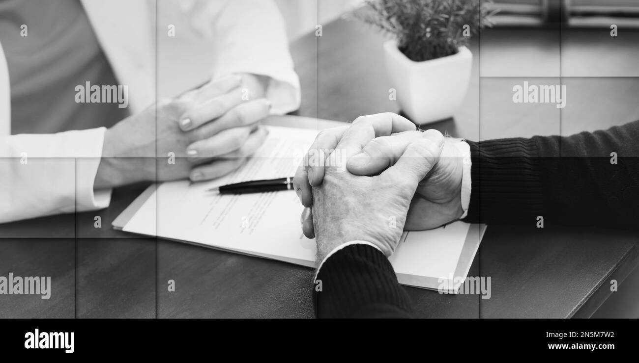 Situation der Geschäftsverhandlungen zwischen Geschäftsfrau und Geschäftsmann (Lorem ipsum-Text verwendet), geometrisches Muster Stockfoto