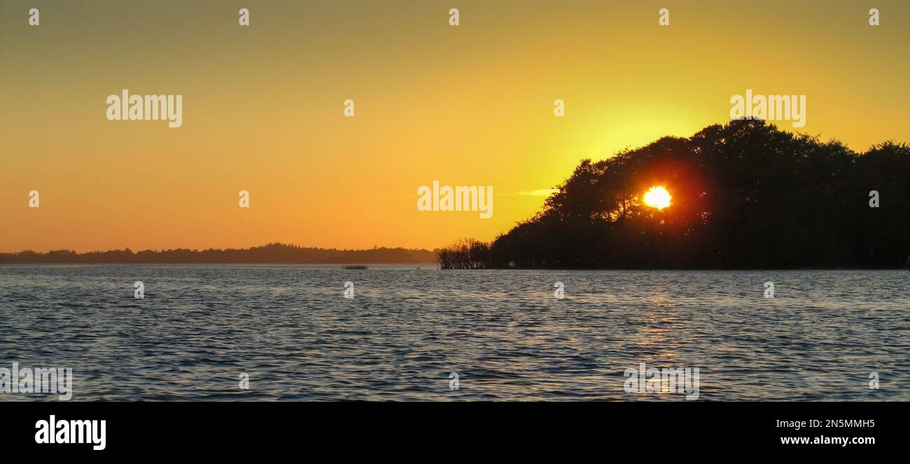 Angeln bei Sonnenuntergang auf lough ree, Sonnenschein durch eine Gruppe von Bäumen auf einer Insel Stockfoto