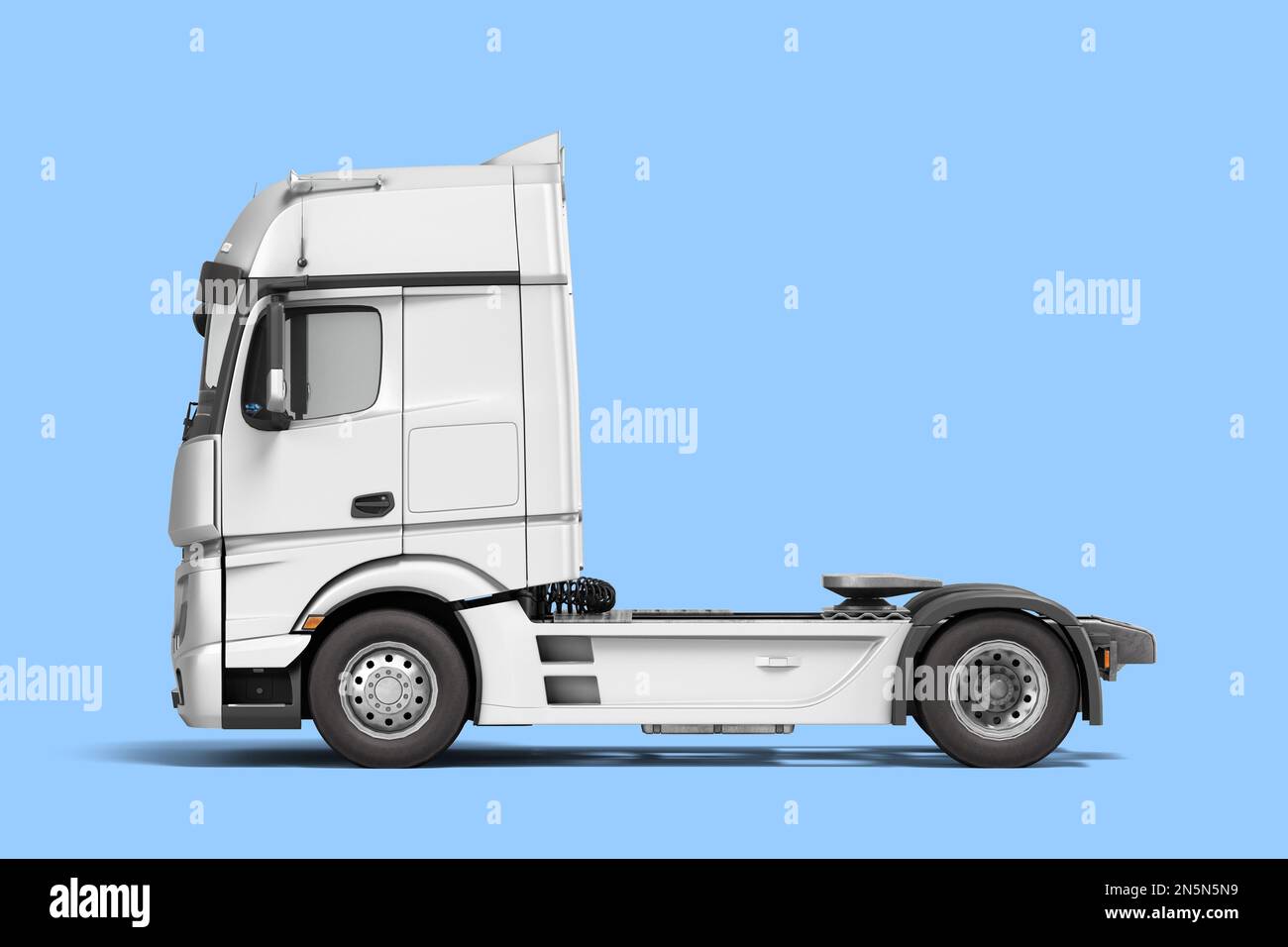 Weißer Lkw mit schwarzen Einsätzen mit einer Tragfähigkeit von bis zu 5 Tonnen, Seitenansicht 3D, Rendern auf blauem Hintergrund Stockfoto