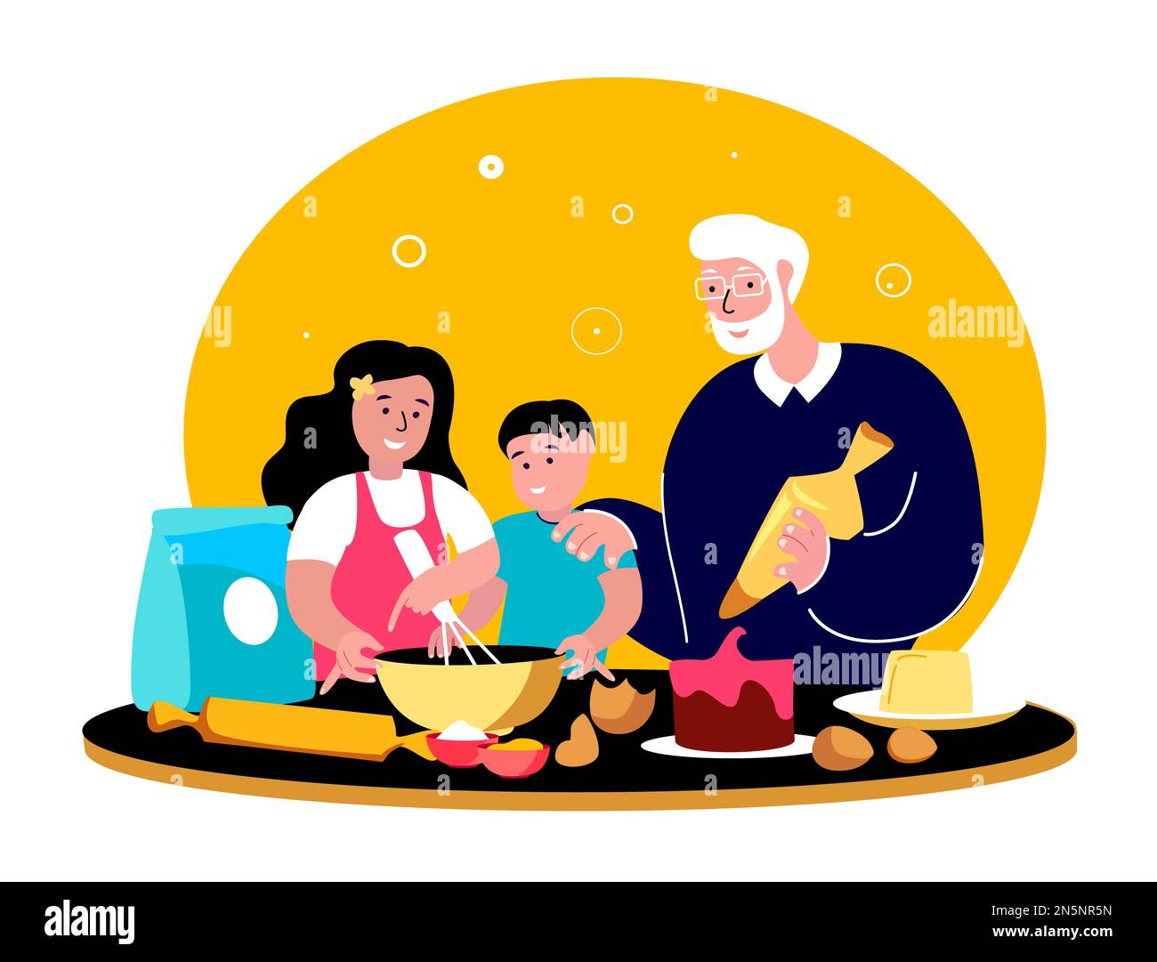 Alter Großvater, Vater kocht Bäckerei in der Küche mit Enkelkindern, Enkeltochter. Familie kommunizieren miteinander. Enkelkind Kind Kind Tochter Mädchen, Junge im Urlaub Stockfoto