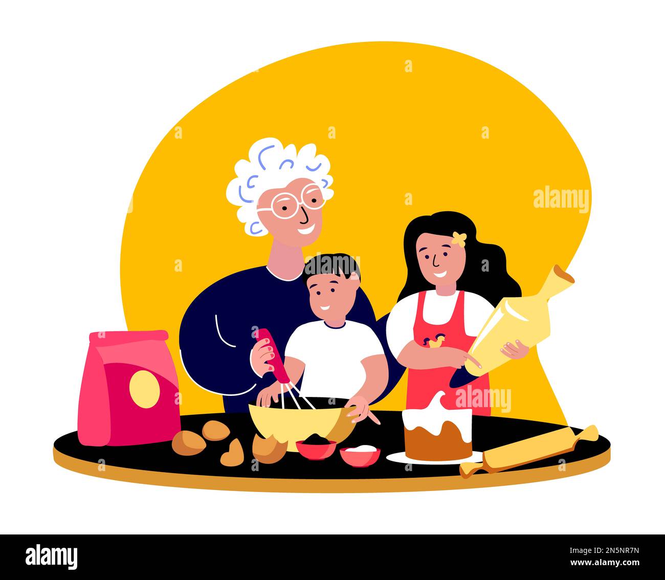 Alte Großmutter, Oma Koch Bäckerei Küche mit Enkelkindern, Enkeltochter. Familie kommunizieren miteinander. Enkelkind Kind Kind Tochter Mädchen, Junge im Urlaub Stockfoto