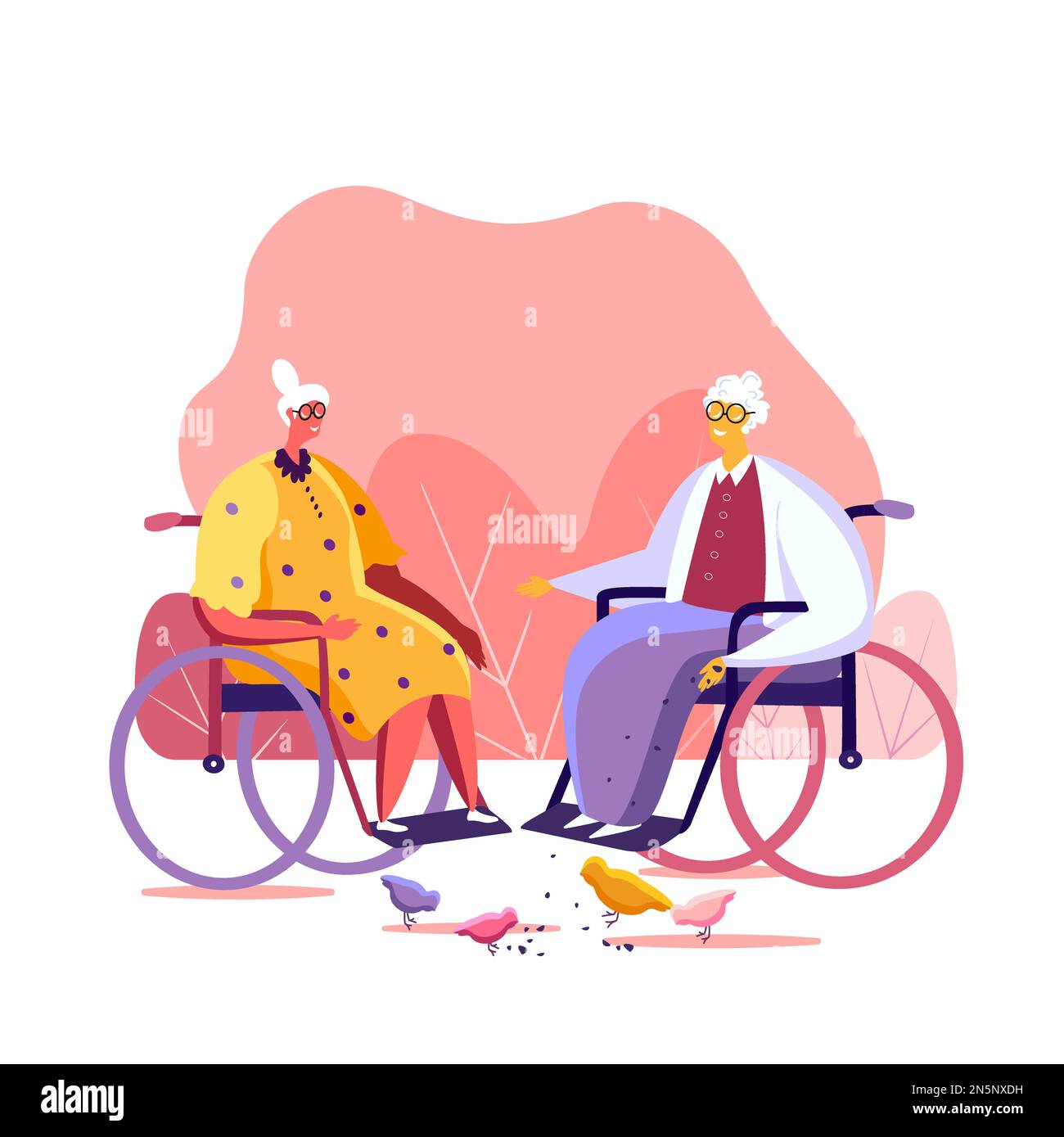 Zwei süße Happy älteren Damen Fütterung Vögel und miteinander zu reden. Deaktiviert alte Großmütter im Rollstuhl verbringt Zeit sitzen auf frische Luft. Stockfoto
