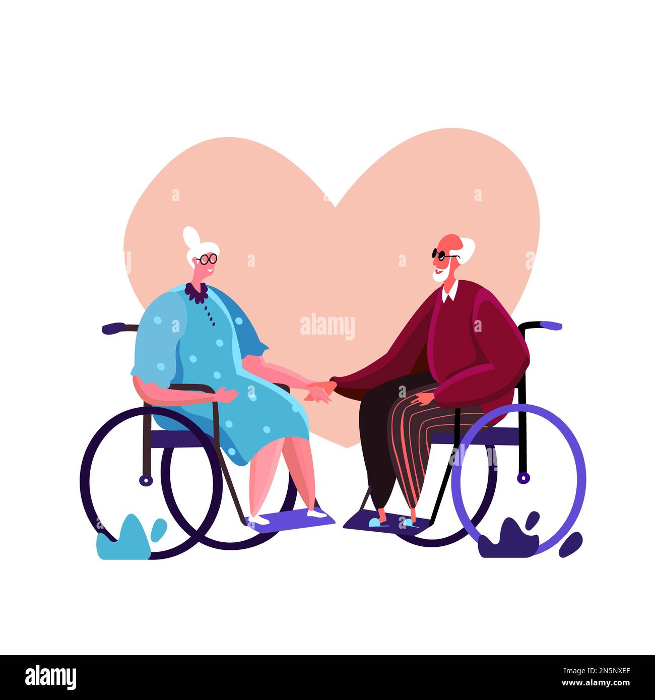Ein liebevolles Seniorenpaar von behinderten Großvätern und Großmüttern ging an der frischen Luft spazieren. Alte behinderte Rentner halten sich gegenseitig die Hände Stockfoto