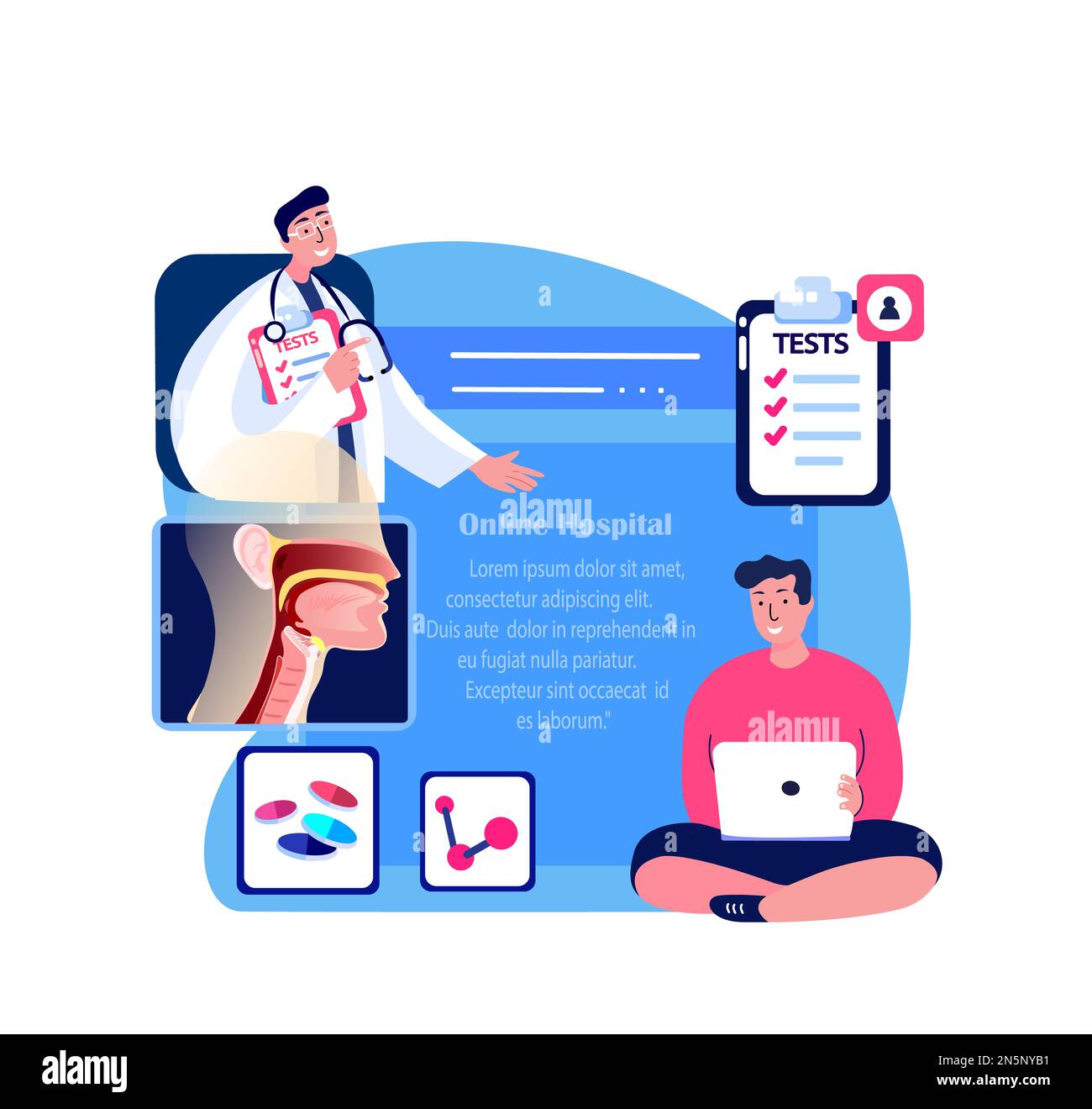 Online-HNO-Arztberatung Patient. Entzündung Nase, Rachen. Tonsilis, Halsschmerzen, Kehlkopf, Sinusitis Digitale Behandlung. Internet-ORL-Klinik. Internet Stockfoto