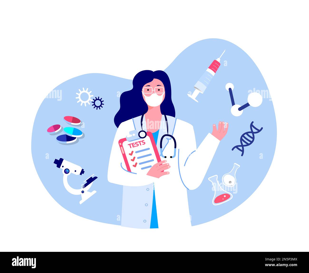 Dr. Scientist Virologe Forscherin Frau in Medical Face Mask mit Tests