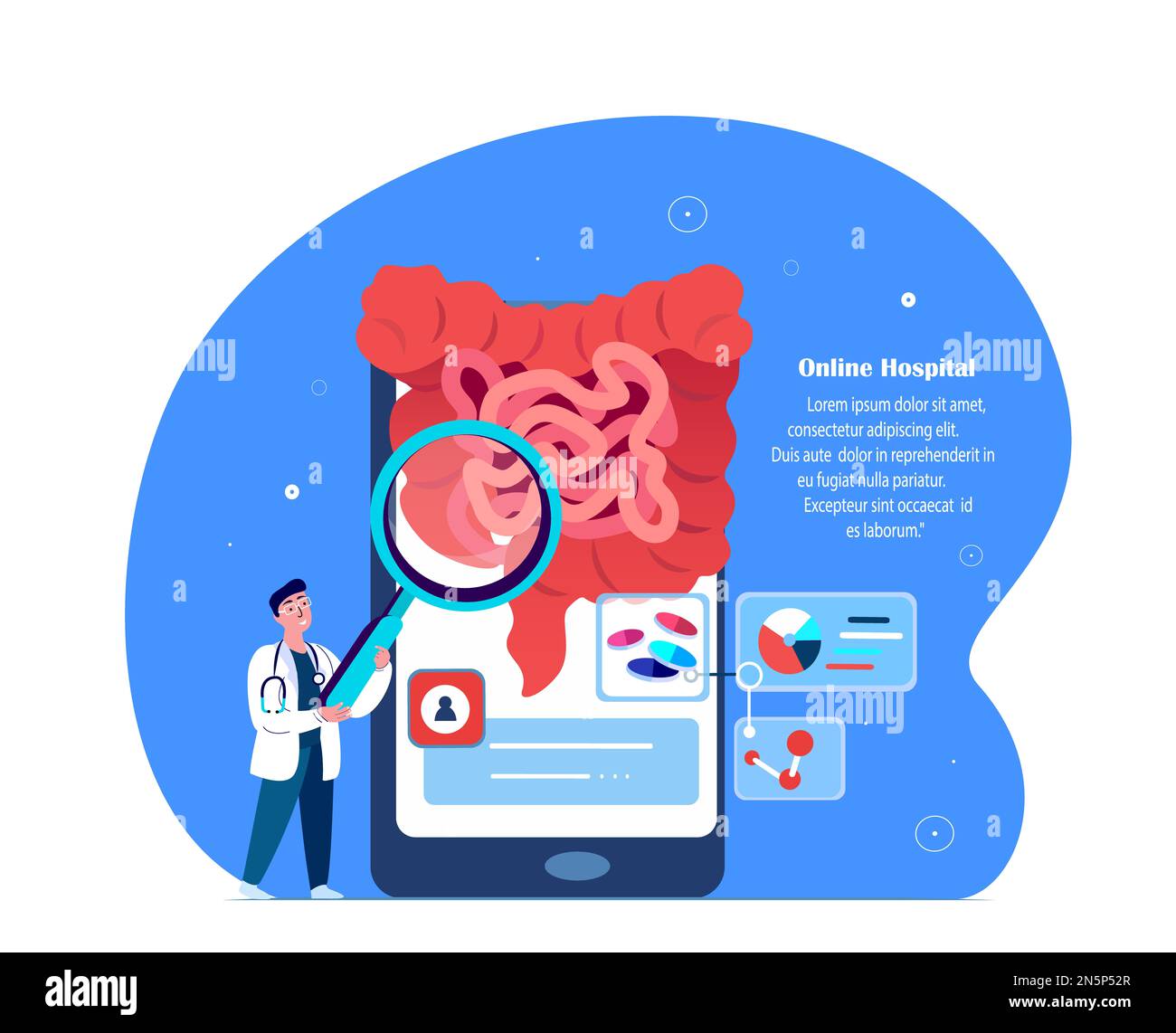 Online Arzt Gastroenterologe Recherchiert Gastrointestinaltrakt, Darm.Symptom Diagnostic Mobile Application.Smartphone Medical Hospital Stockfoto