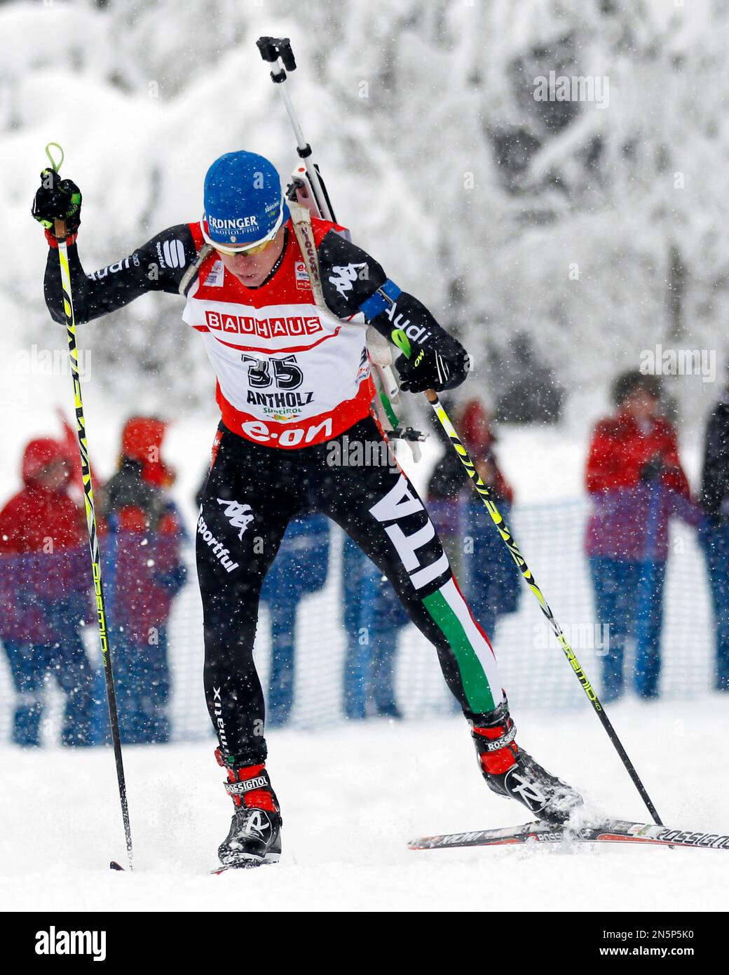 Lukas Hofer, of Italy, competes in a men's Biathlon 10 kilometer sprint ...