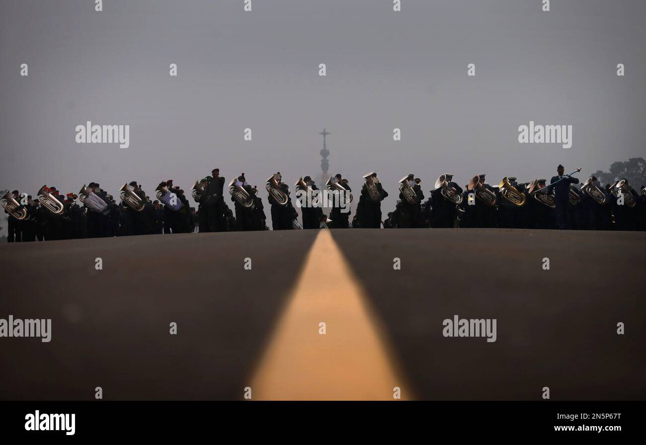 Indian military band from the three forces perform during a rehearsal