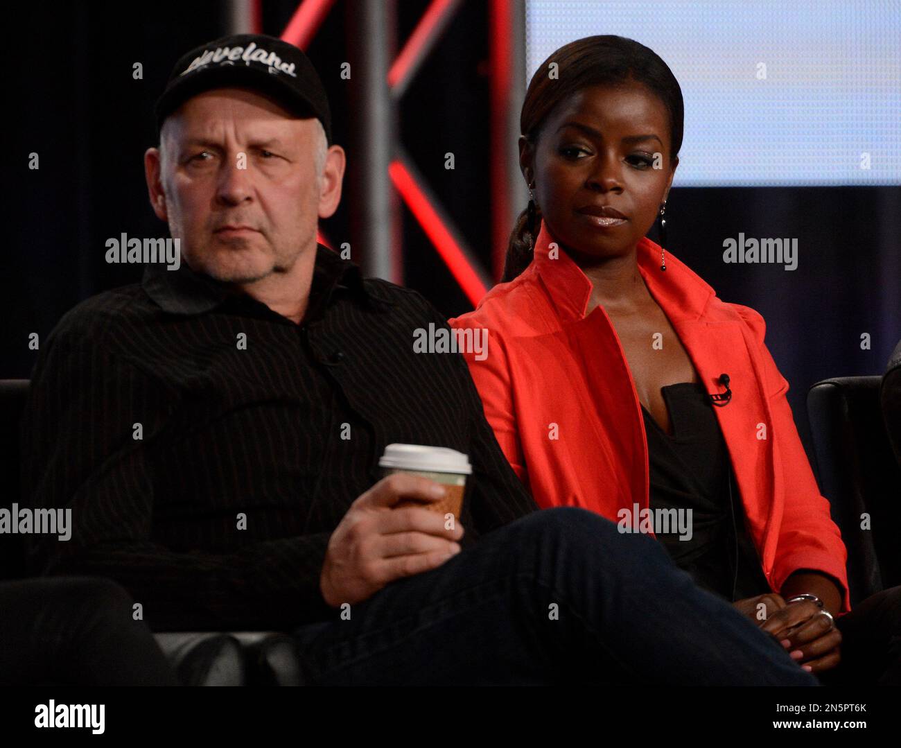 From left, cast members Nick Searcy and Erica Tazel participate in the "Justified" panel at the FX Winter TCA Press Tour, on Tuesday, January 14, 2014 at the Langham Huntington, in Pasadena, Calif. (Photo by Phil McCarten/Invision for FOX/AP Images) Stockfoto